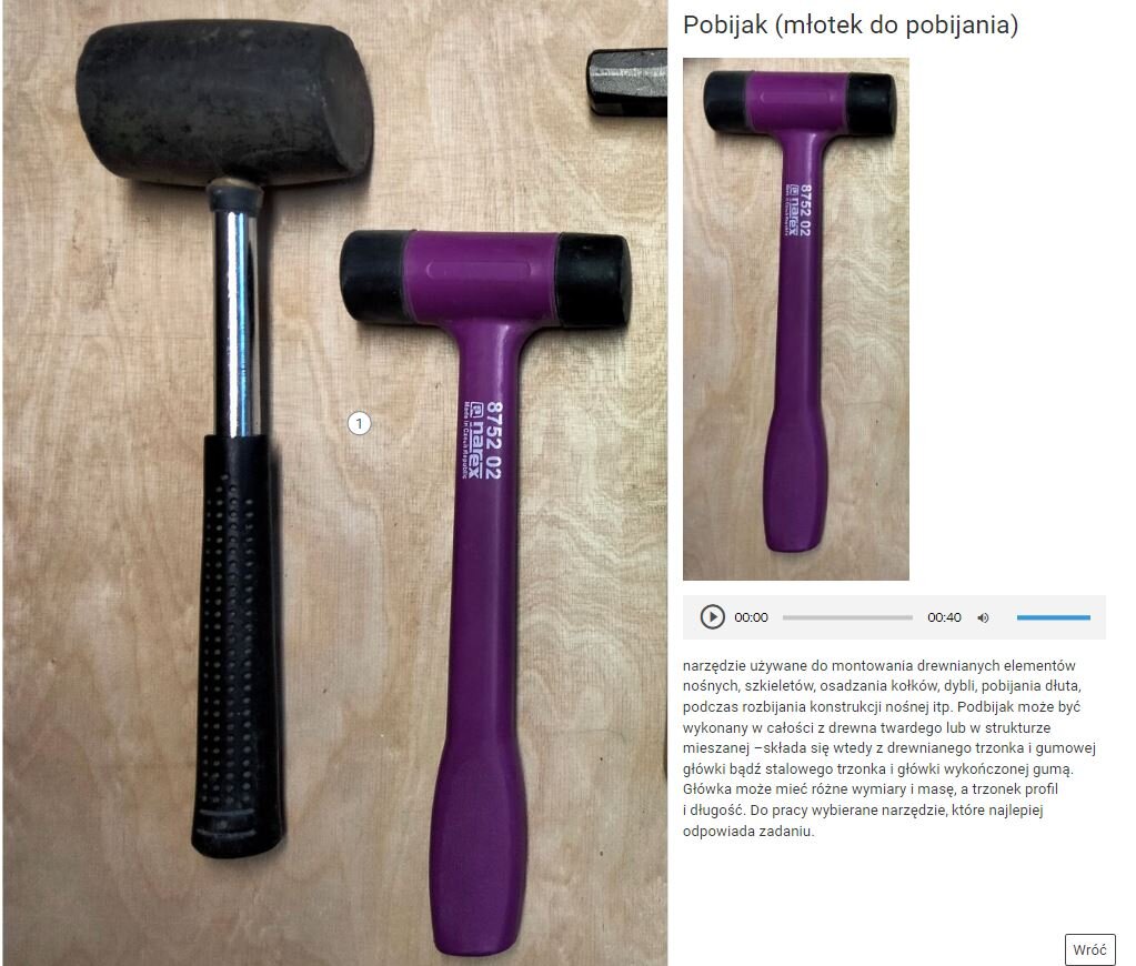 Grafika przedstawia zdjęcie podbijaka (młotka do podbijania) wraz z opisem. Po lewej stronie widnieje samo zdjęcie, po prawej miniatura wraz z opisem. Opis jest tożsamy z czytanym przez lektora tekstem.