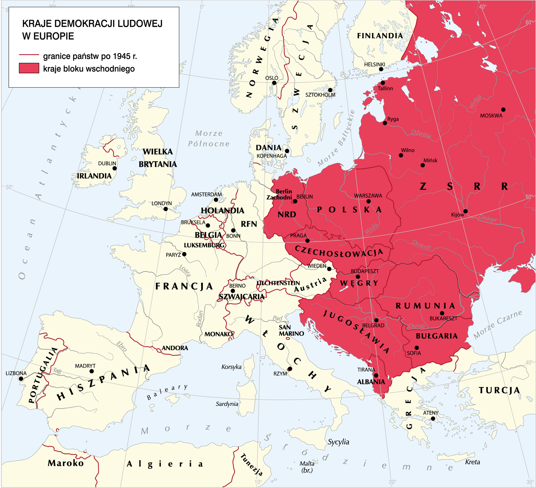 Mapa przedstawia Kraje Demokracji Ludowej w Europie. Zaznaczone są granice państw po 1945 roku. Kraje bloku wschodniego zajmowały teren dzisiejszej Polski, wschodnich Niemiec, Czech, Węgier, Słowacji, Jugosławii, Rumunii, Bułgarii, Ukrainy, Białorusi, Litwy, Łotwy, Estonii i Rosji. 