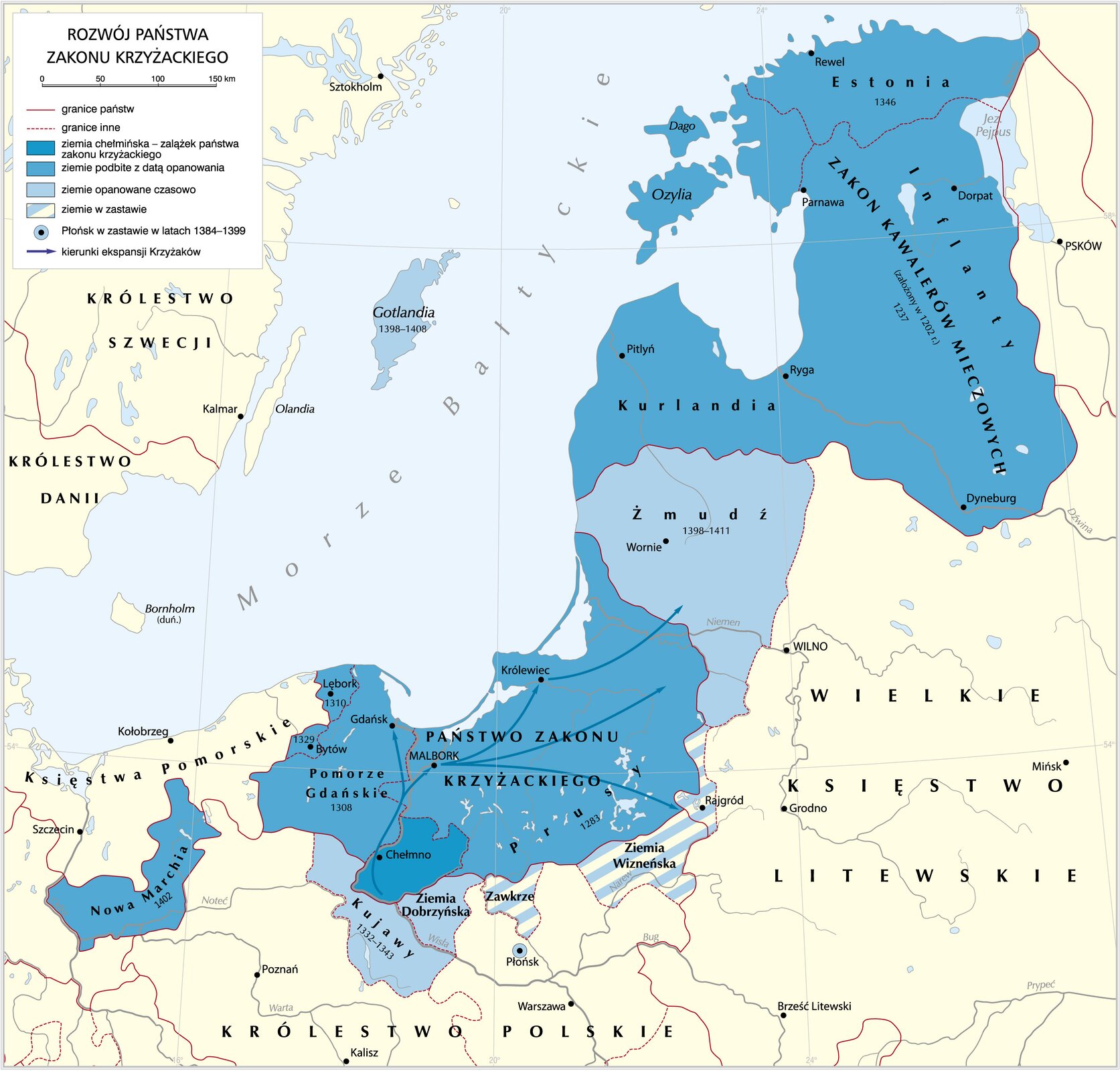 Mapa rozwój państwa zakonu krzyżackiego. Zawiera informacje o ziemiach w granicach państwa zakonu krzyżackiego.