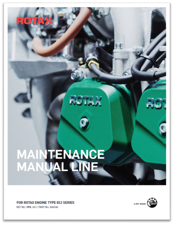 Ilustracja przedstawia stronę tytułową instrukcji obsługi liniowej silników rotax seri 912 na której jest Nazwa firmy, zdjęcie silnika oraz napis w języku angielskim maintenance manual line oraz poniżej grafiki znajdują się dane i informacji dokumentacji technicznej. 