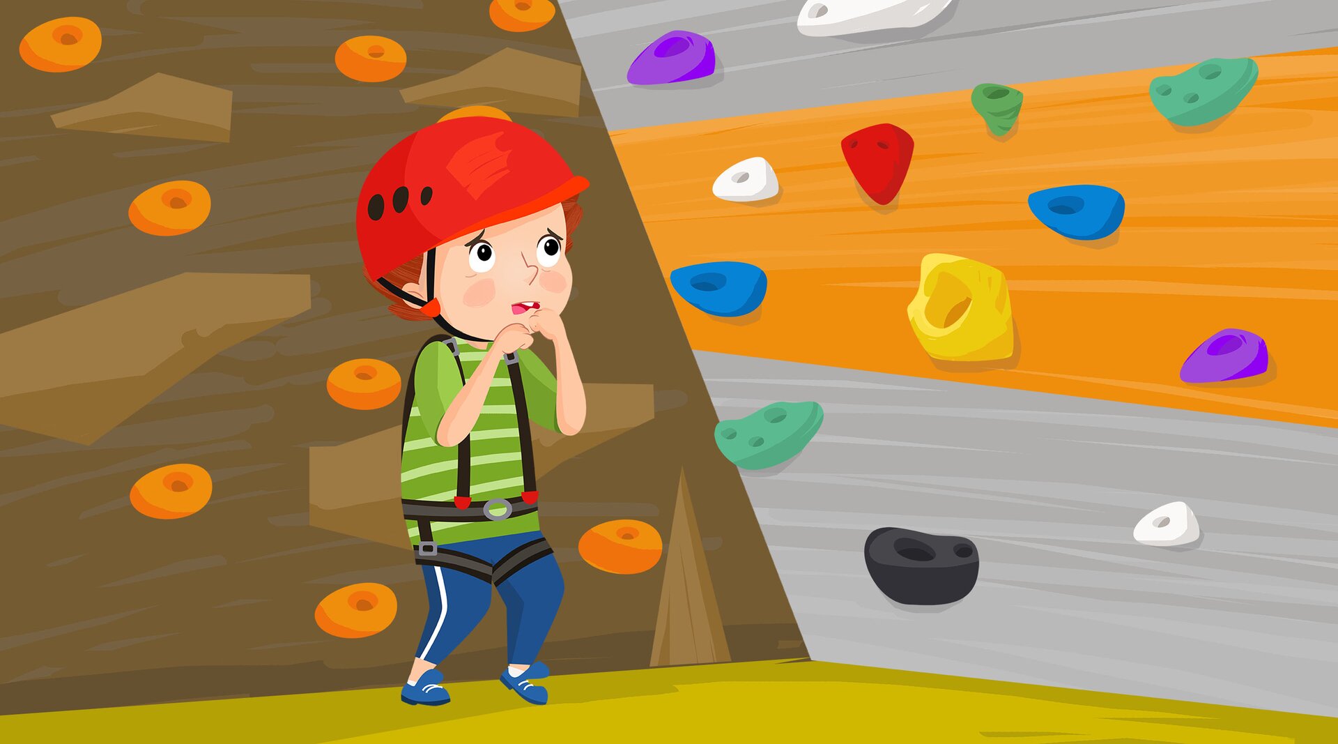 Na ilustracji znajduje się dziecko pod ścianką do wspinaczki.