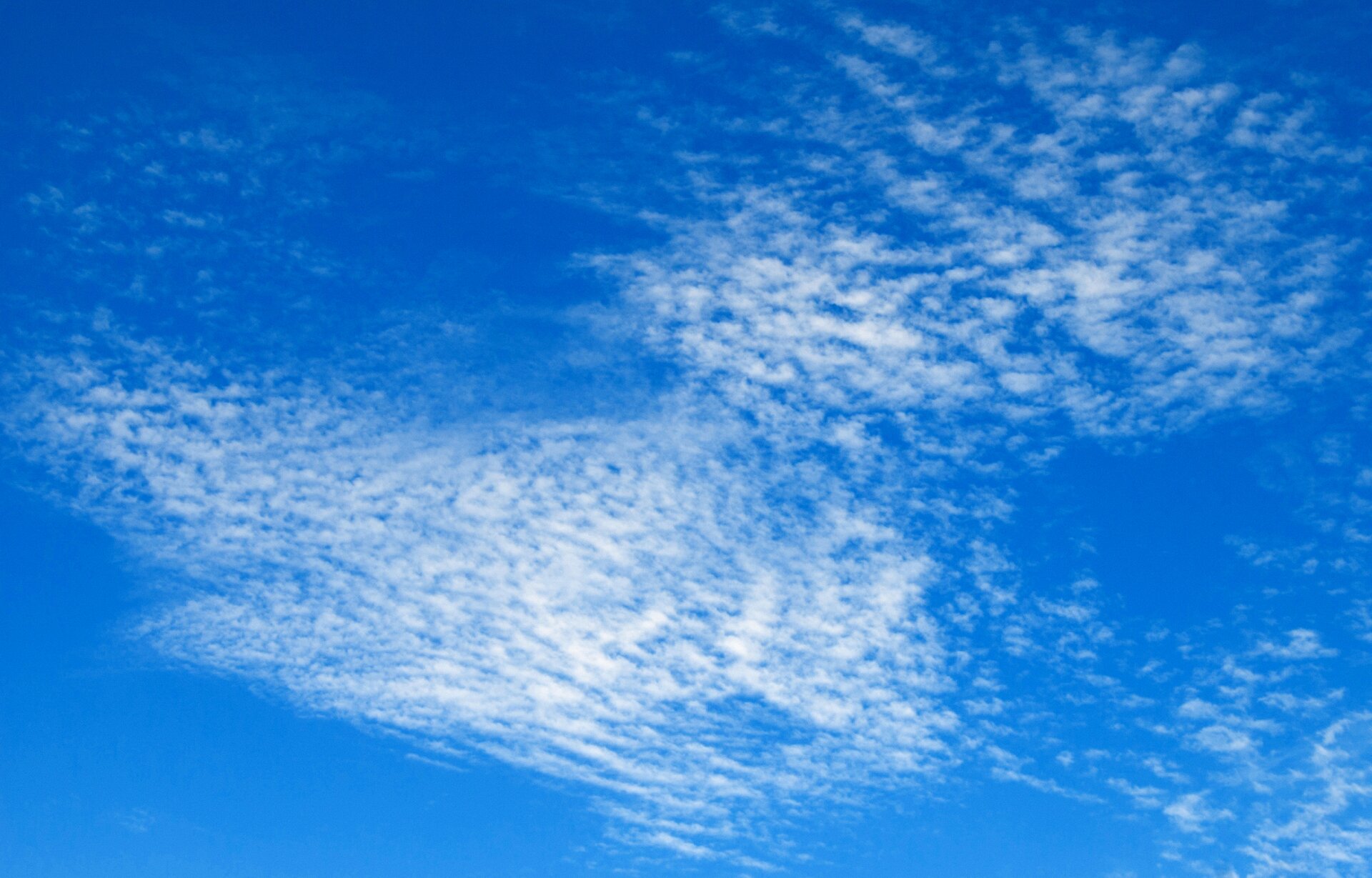 Zdjęcie przedstawia chmury typu cirrocumulus. Wyglądem przypominają bardzo delikatną piankę na błękitnej wodzie.