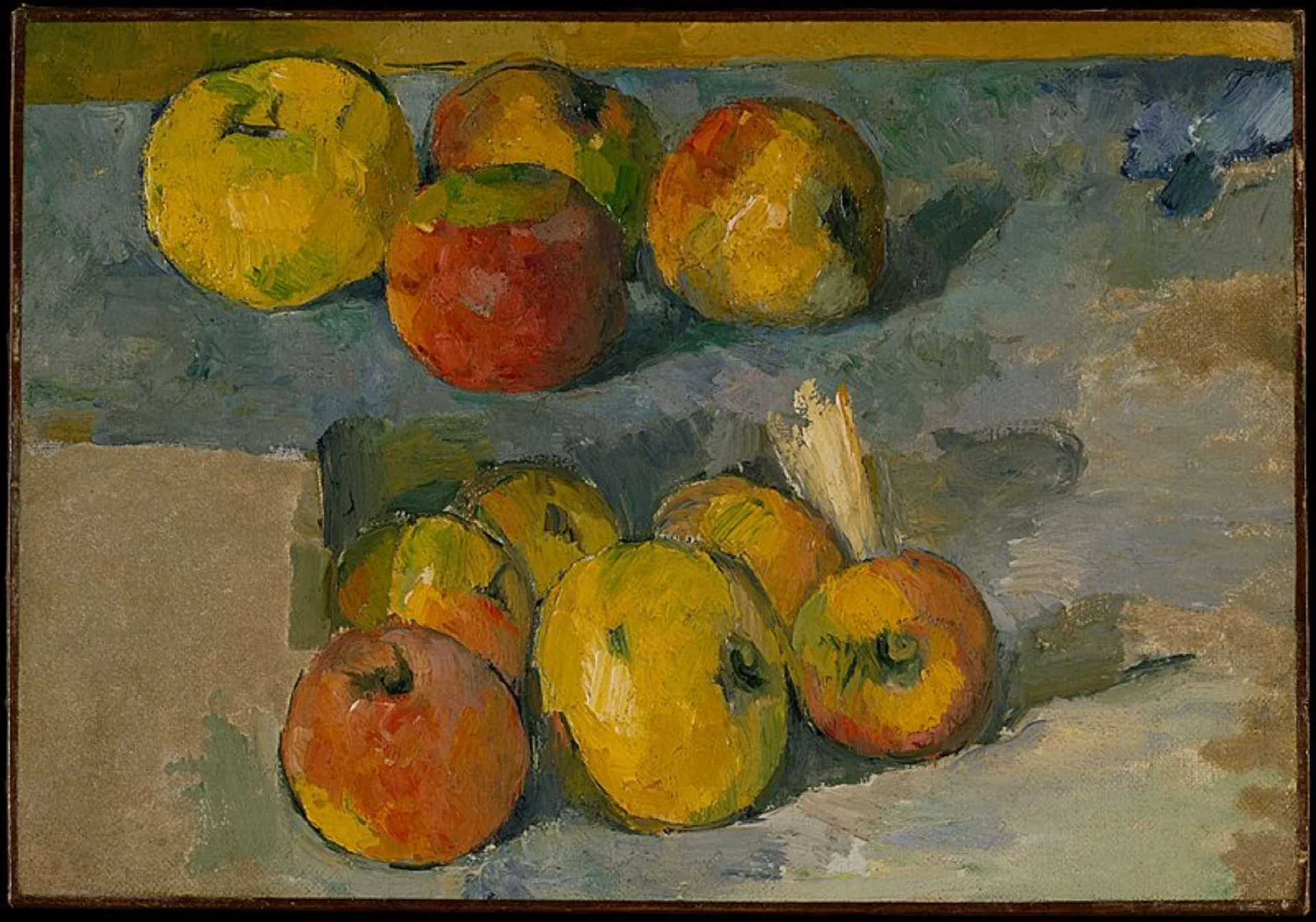 Ilustracja przedstawia obraz Paula Cézanne'a „Jabłka”. Jest martwą naturą. Na stole leżą jabłka - w górnej części cztery, w dolnej - sześć. Jedne są żółto‑zielone, inne czerwono‑żółte lub czerwono‑zielone. Artysta użył płaskiej plamy barwnej - farba nałożona jest szerokim pędzlem, pozostawiając wyrazistą fakturę. Stół jest niebieskawo‑szary i beżowy. U góry tło wypełnia oliwkowo‑zielony pas.