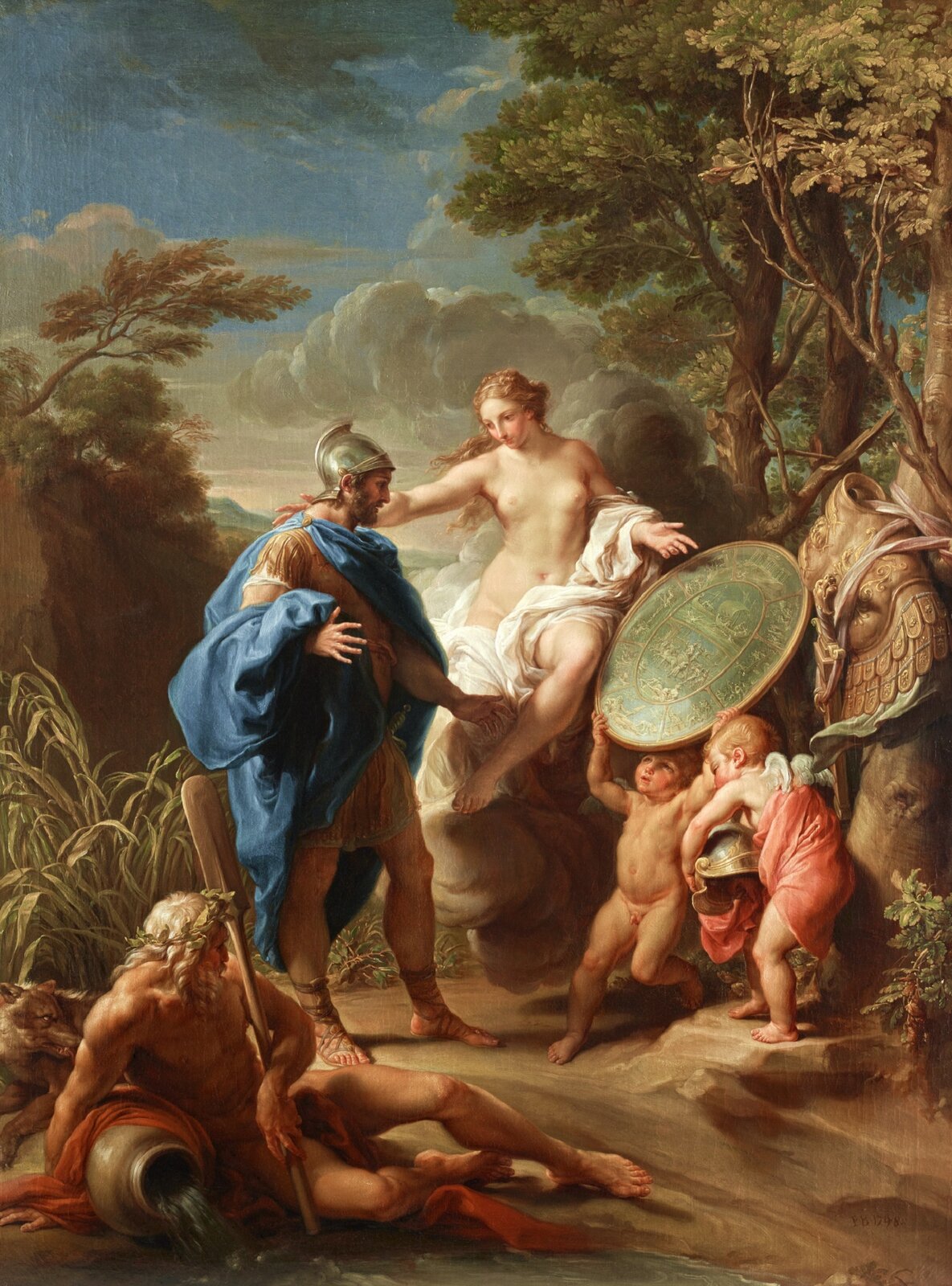Ilustracja przedstawia obraz „Wenus przedstawia Eneaszowi zbroję wykutą przez Wulkana”, którego autorem jest Pompeo Girolamo Batoni. Na obrazie jest 5 osób i pies. Z prawej strony jest dwójka kilkuletnich dzieci. Jedno jest nagie i nad głową trzyma okrągłą, zieloną tarczę. Drugie ma krótkie, jasne włosy i małe, białe skrzydła. Ubrane jest w czerwoną szatę. W rękach trzyma srebrny hełm. Na środku obrazu jest półnaga kobieta z długimi, jasnymi, kręconymi włosami. Ma białą szatę. Obok niej, z lewej strony stoi mężczyzna. Ubrany jest w krótką złotą zbroję i niebieski płaszcz. Na nogach ma brązowe sandały nad kostkę, a na głowie srebrny hełm. W lewym, dolnym rogu obrazka jest leżący brązowy pies oraz siedzący mężczyzna. Ma on długie, kręcone, białe włosy i brodę. Na głowie ma zielony wieniec. Przez nogi ma przerzucony pomarańczowy materiał. W lewej dłoni trzyma drewniane wiosło. Obok niego jest przewrócony dzban, z którego wylewa się woda. W tle jest zielona roślinność, drzewa i zachmurzone niebo.