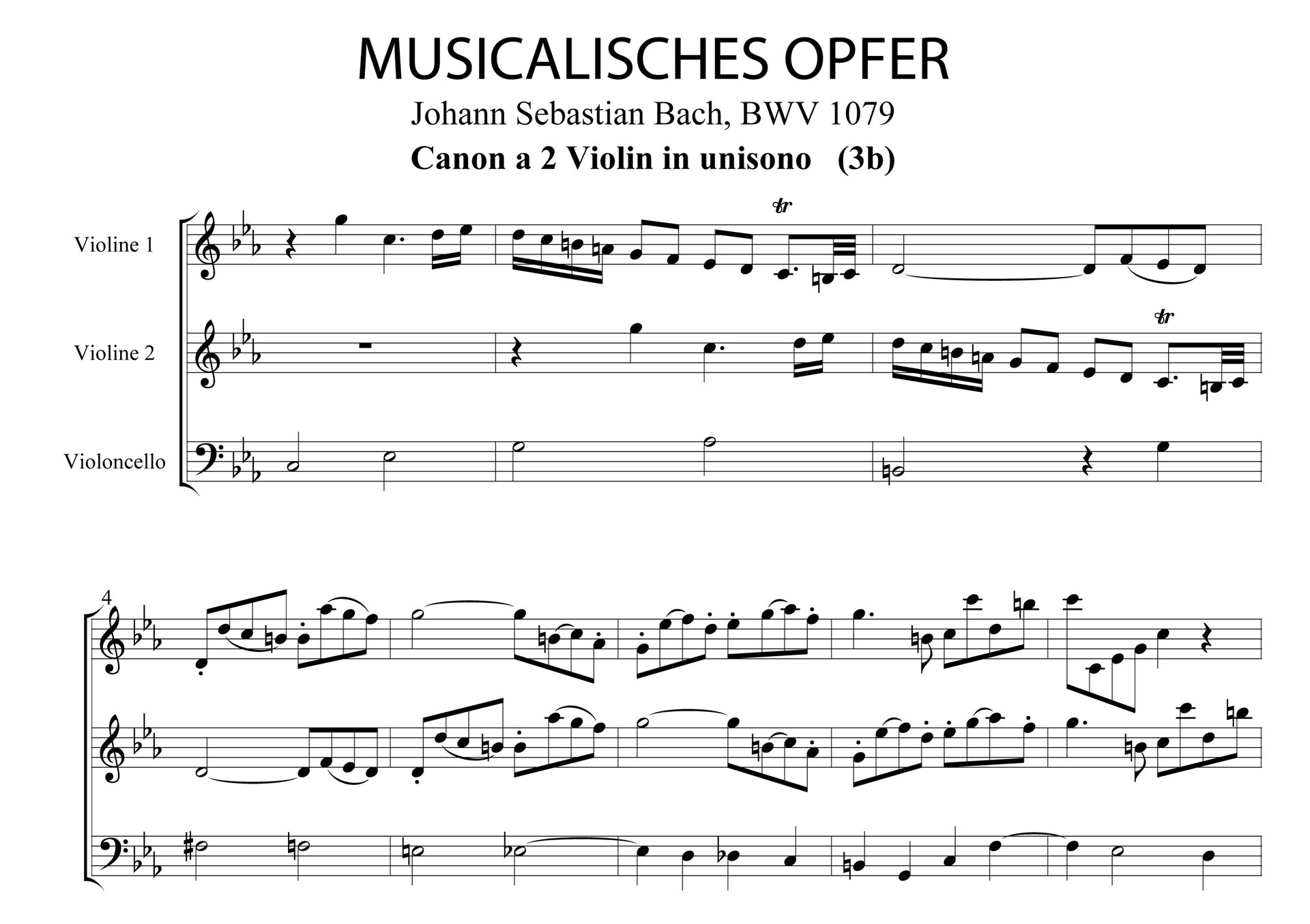Ilustracja przedstawia zapis nut utworu „Musikalisches Opfer”, Canon a 2 Violin in unisono, takty 1, autorstwa: Jana Sebastiana Bacha. 