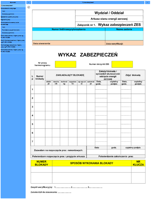 Grafika przedstawia przykładowy wygląd dokumentacji interaktywnej. Na lewo od dokumentacji umieszczono spis treści. Na górze strony znajduje się pole tekstowe z tytułem wybranego dokumentu. Po bokach kafelki ze strzałkami umożliwiającymi przechodzenie na kolejne lub poprzednie elementy dokumentacji. Pierwszy dokument nosi tytuł Wykaz zabezpieczeń.