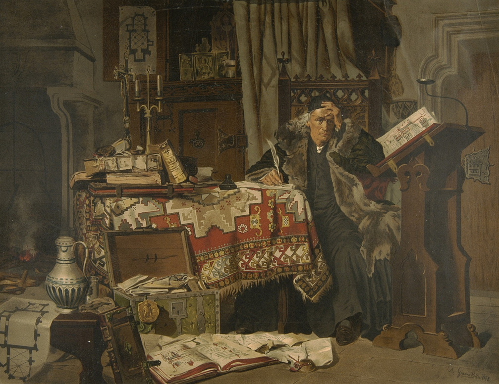 Obraz przedstawia mnicha siedzącego przy stole. Jest on ubrany w czarne szaty, futro i czarną piuskę. Lewą ręką trzyma się za głowę i patrzy przed siebie. W prawej trzyma białe pióro i zapisuje coś w notesie. Na stole leżą liczne książki, kałamarz oraz świecznik. Na podłodze leży otarta skrzynia pełna notatek, które są również porozrzucane po podłodze i poprzypinane do ścian i szafy stojącej za stołem.  