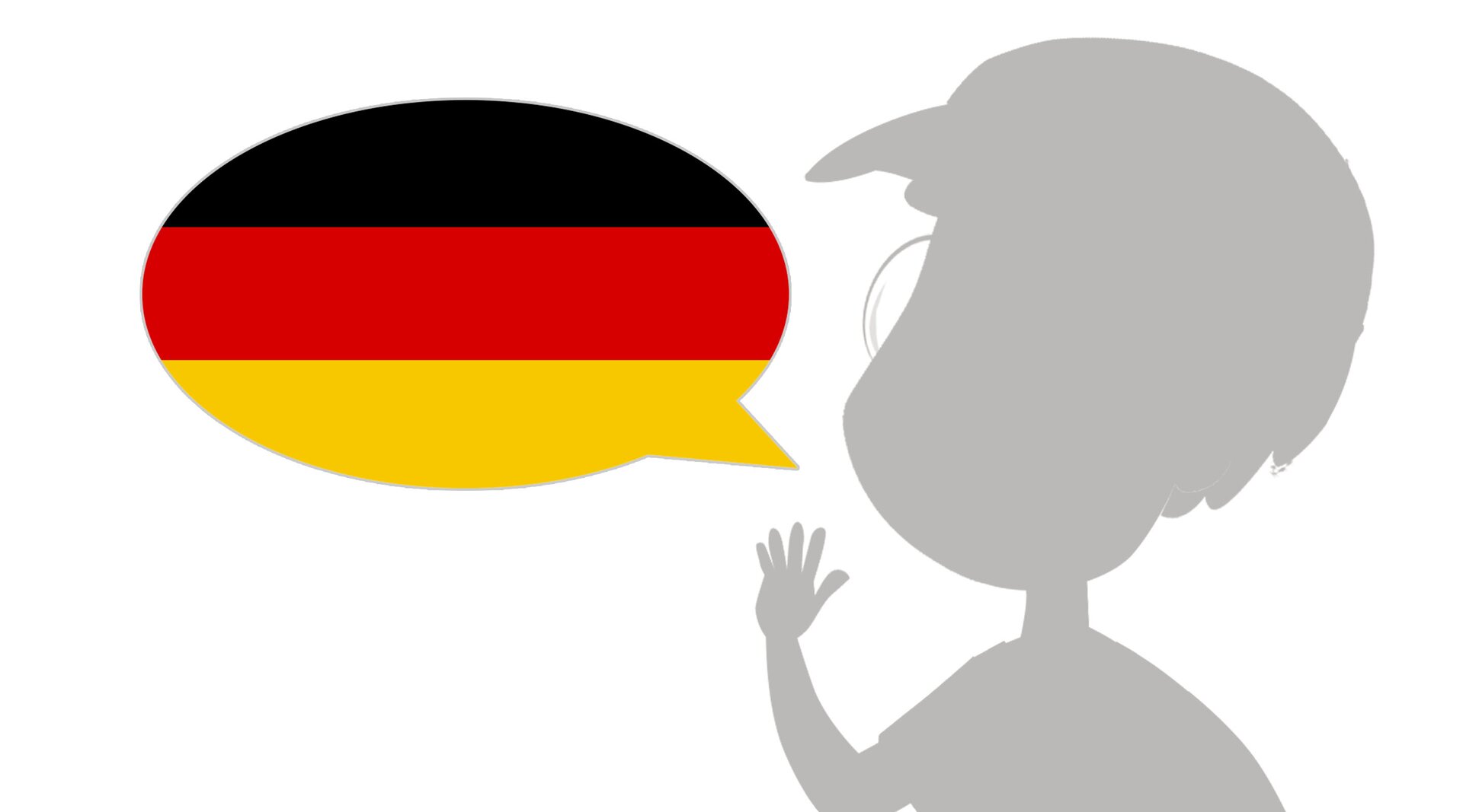 Ilustracja przedstawia kontur chłopca. Obok niego znajduje się dymek z flagą Niemiec.