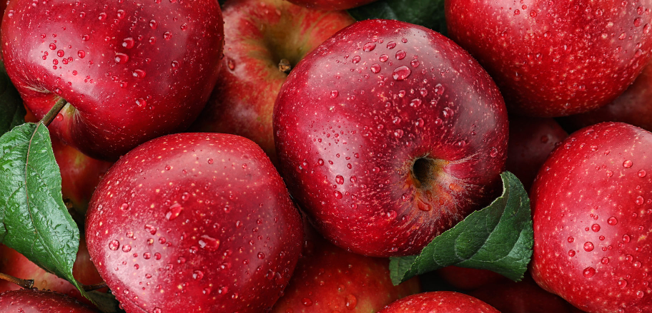 Zdjęcie. Czerwone jabłka pokryte rosą. Niektóre mają ogonki z zielonymi listkami.
