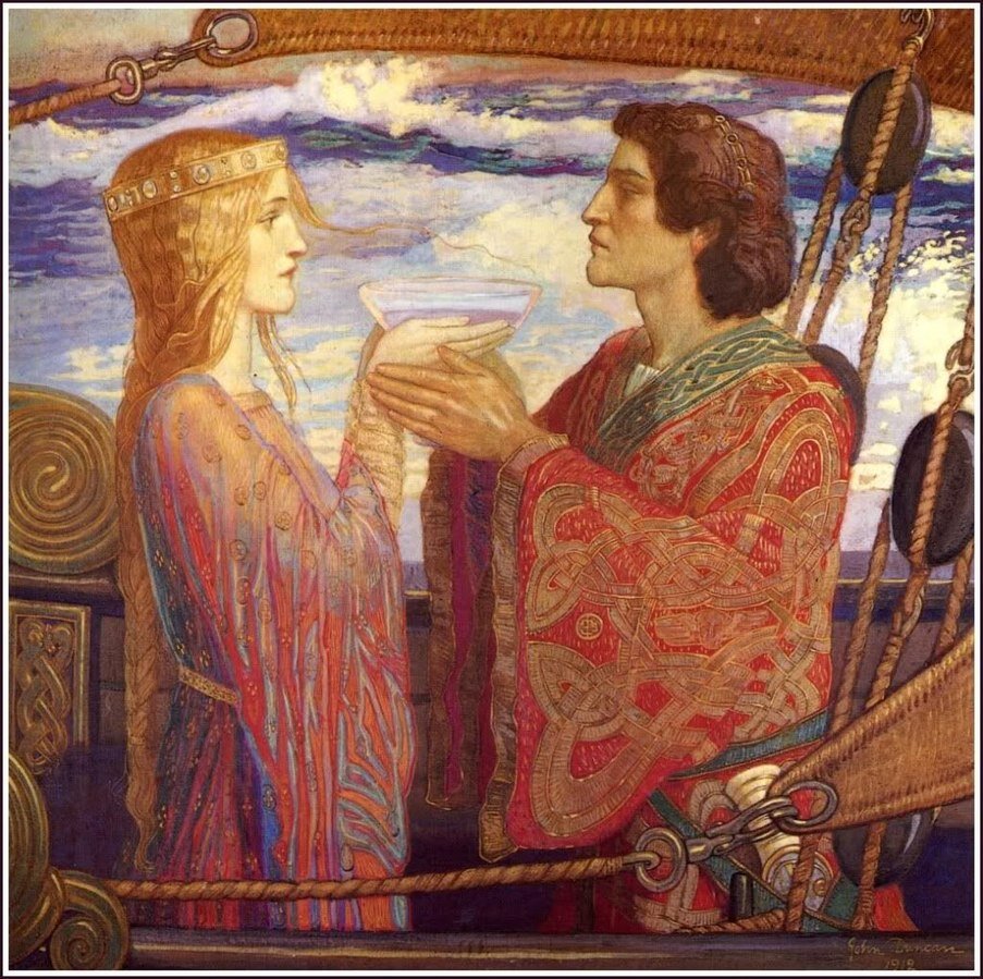 Obraz przedstawia dwoje młodych ludzi stojących na pokładzie statku. Kobieta ubrana jest w długą, czerwono‑złotą suknię, jej jasne włosy zaplecione w warkocz sięgają pasa, na głowie ma złotą opaskę zdobioną kamieniami. W rękach trzyma duży kielich, który podaje mężczyźnie ubranemu w czerwoną, długą szatę. Mężczyzna delikatnie dotyka jej dłoni. Ich spojrzenia się spotykają.