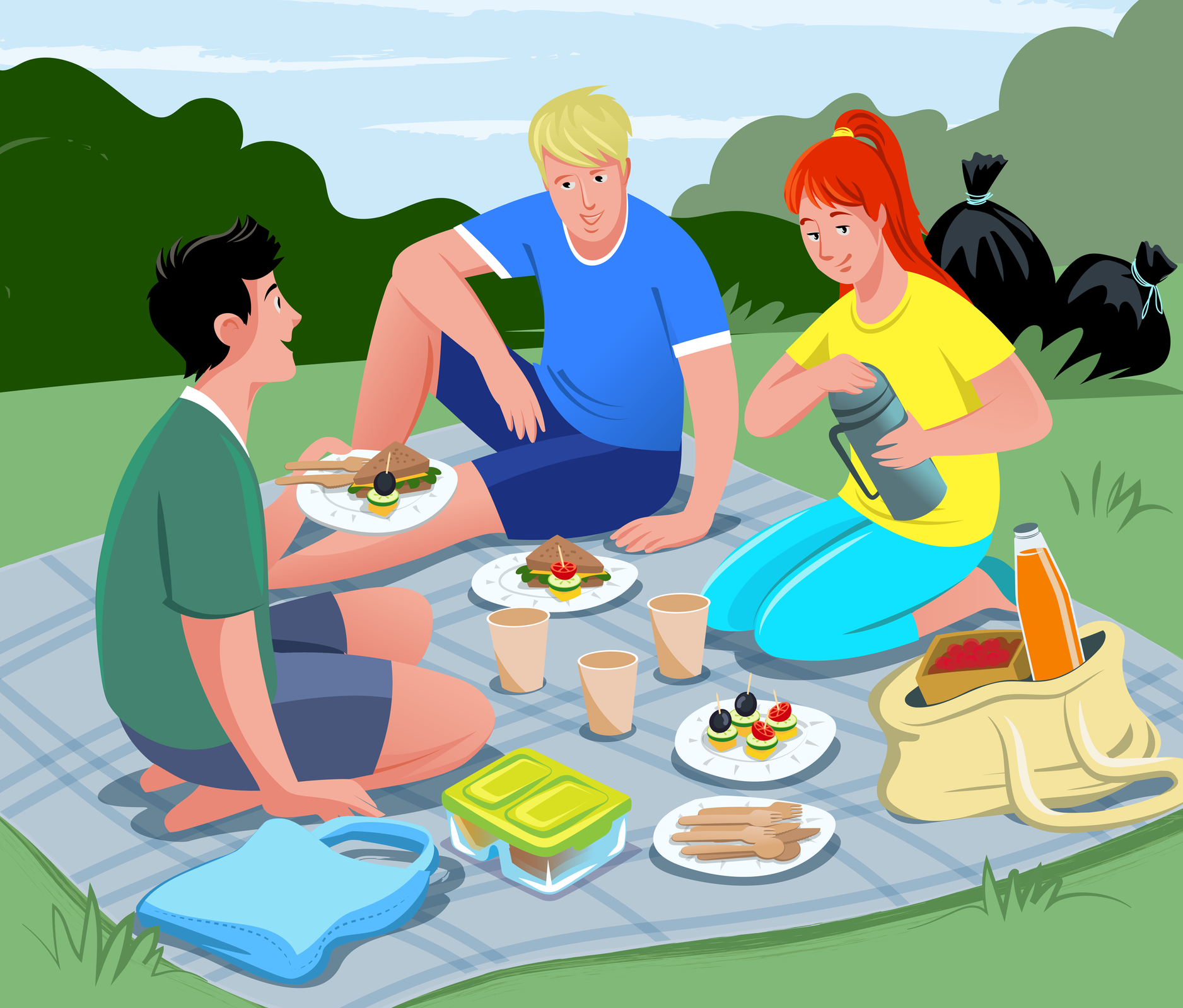 Ilustracja przedstawia trzy osoby w trakcie pikniku w parku. Na kocu leżą materiałowe torby, kanapki, wielorazowe opakowania na jedzenie, szklana butelka. Dziewczyna otwiera termos. W tle za nimi widoczne są worki na śmieci.