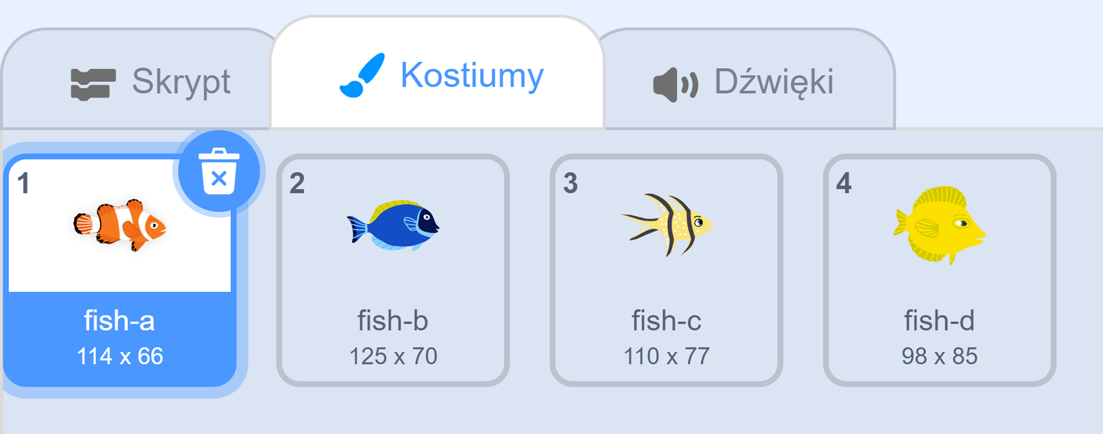 N zdjęciu pokazane są opcje w zakładce kostiumy. W górnej części okna znajdują się zakładki: skrypt, kostiumy, dźwięki. Opcja kostiumy jest otwarta. Niżej znajdują cztery animowane miniaturki przedstawiające rybki. Miniaturki są podpisane jako fish A, fish b, fish c, fish d. Pierwsza miniatura z rybą jest zaznaczona. W prawy górnym rogu zaznaczonej miniatury widoczny jest symbol kosza.