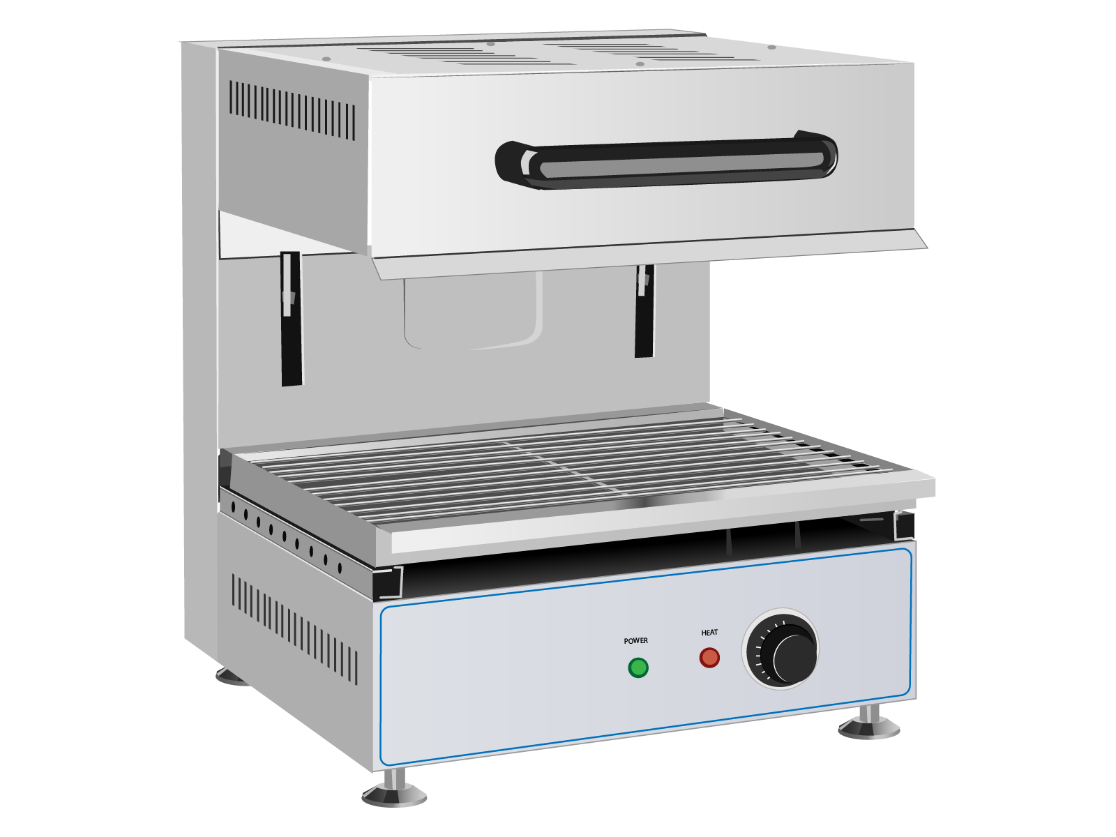 Ilustracja przedstawia salamander, który kształtem przypomina dwa, połączone pionową ścianką, leżące prostopadłościany. Na dole urządzenia znajdują się metalowe nóżki, od frontu są dwie diody - zielona i czerwona oraz czarne pokrętło. Na blacie znajduje się ruszt. Powyżej wentylacja, na której froncie jest czarny uchwyt. 
