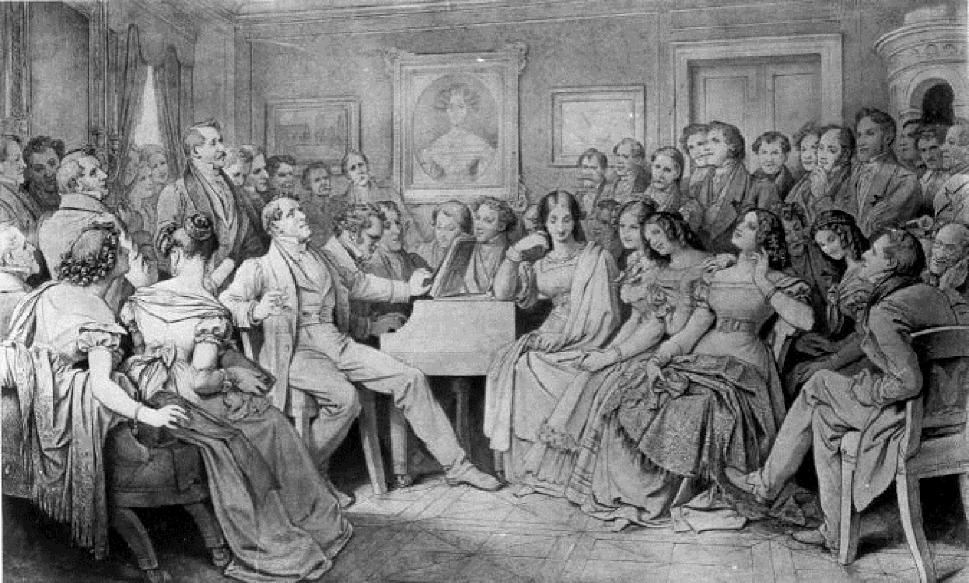 Ilustracja przedstawia Schubertiadę. W środku ilustracji widać grającego na fortepianie Schuberta, a obok niego znajdują się ludzie, słuchający jego gry. Część kobiet odpływa w ekstazie.