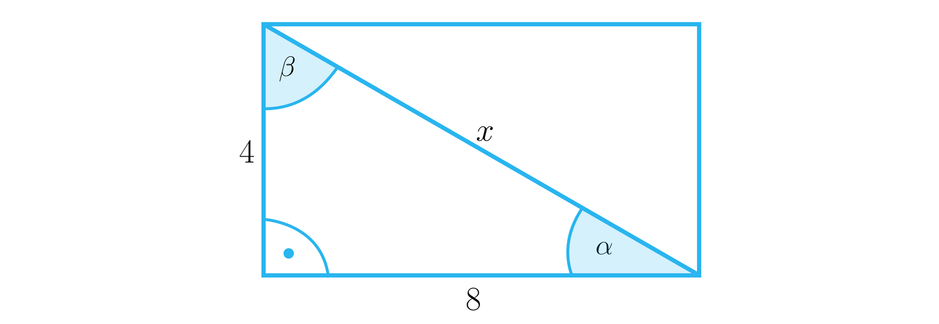 Rysunek przedstawia prostokąt, w którym poprowadzono przekątną, dzięki czemu utworzono trójkąt prostokątny o podstawie o długości 8, przeciwprostokątnej x i pionowej przyprostokątnej o długości 4. W trójkącie oznaczono kąty wewnętrzne. Kąt prosty między przyprostokątnymi o długościach 4 oraz 8, kąt α między podstawą a przeciwprostokątną oraz  kąt β między przeciwprostokątną a bokiem o długości 4 .