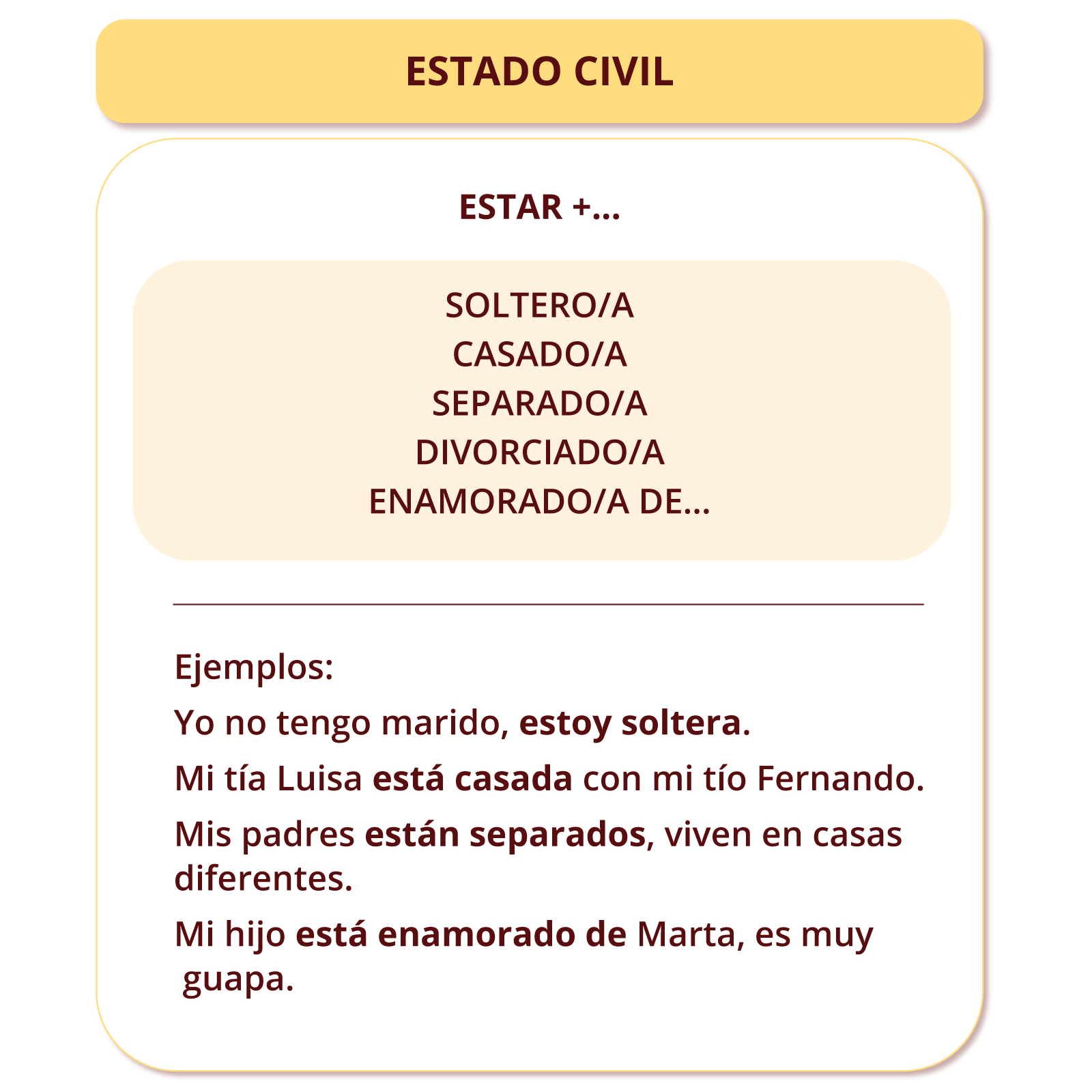 Grafika zatytułowana ESTADO CIVIL informuje jak mówić o rodzinie w czasie teraźniejszym. Przedstawia następujące przykłady: ESTAR +...: SOLTERO/A, CASADO/A, SEPARADO/A, SEPARADO/A, DIVORCIADO/A, ENAMORADO/A DE… Ejemplos: Yo no tengo marido, estoy soltera. Mi tía Luisa está casada con mi tío Fernando. Mis padres están separados, viven en casas diferentes. Mi hijo está enamorado de Marta, es muy guapa.