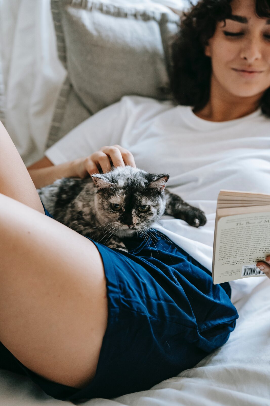 Ilustracja ukazuje młodą kobietę, która wyleguje się na kanapie z książką. Głaszcze kota, leżącego na jej brzuchu.