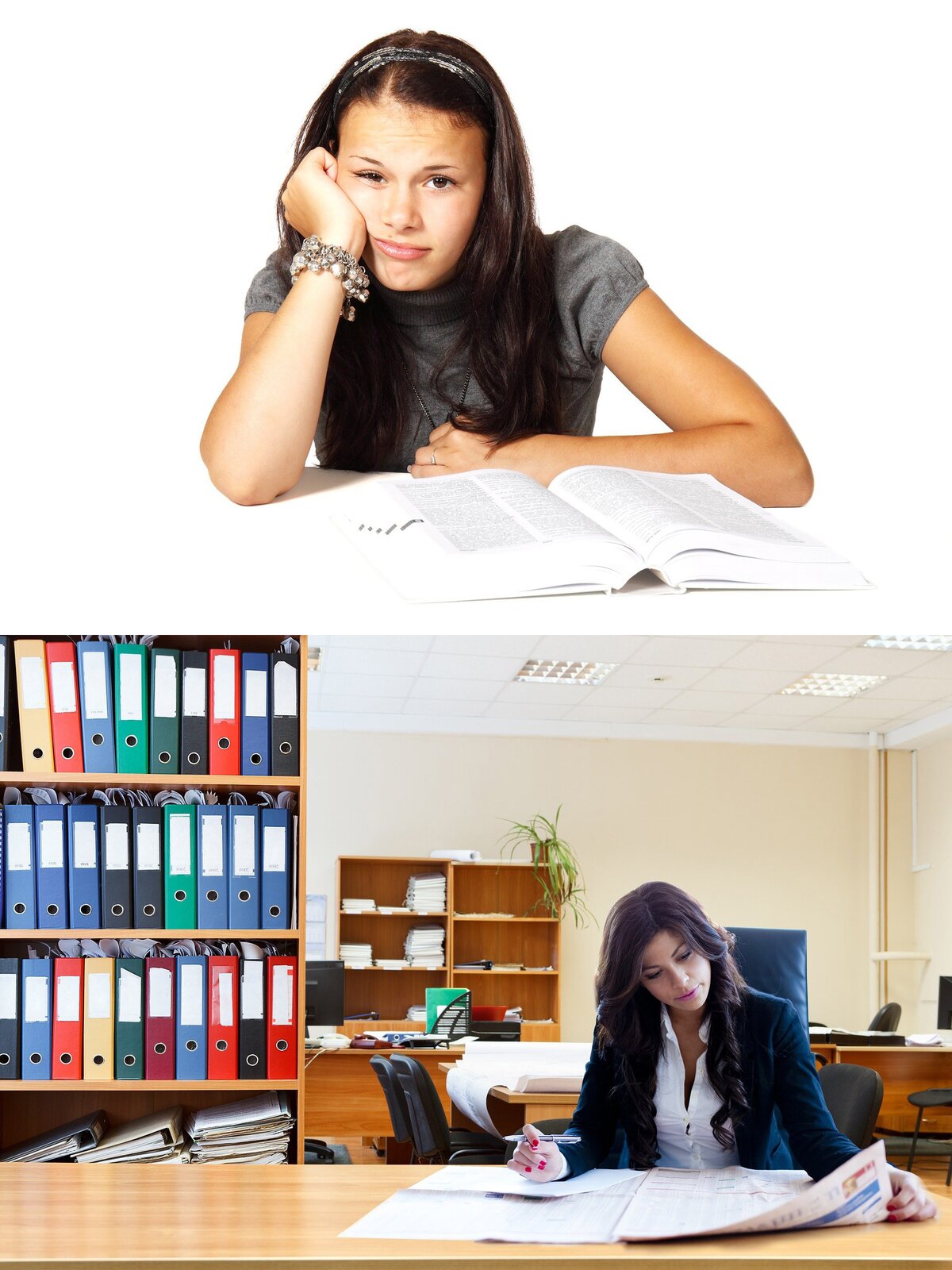 Ilustracja składa się z dwóch zdjęć. Pierwsze zdjęcie przedstawia znudzoną uczennicę siedzącą nad otwartym podręcznikiem. Drugie zdjęcie przedstawia kobietę, która siedzi przy biurku w biurze. Przegląda gazetę i trzyma długopis nad notatką. W tle stoją półki z segregatorami i dokumentami.