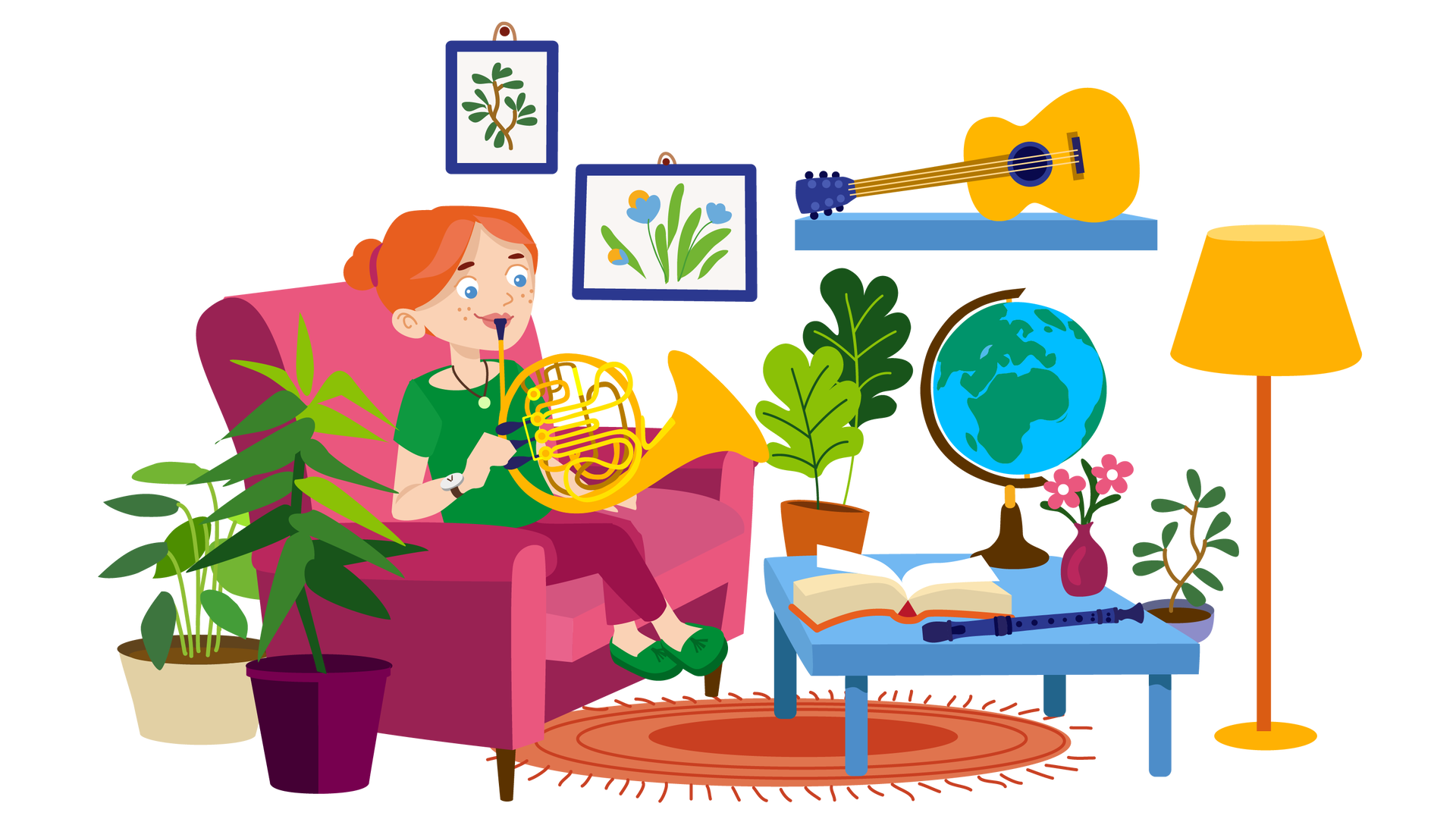Ilustracja przedstawia salon w domu Franka i Mai. W tle widać ścianę, na której po lewej stronie wiszą dwa obrazki w granatowych ramkach. Pierwszy obrazek przedstawia brązową gałązkę z licznymi ciemnozielonymi listkami. Drugi obrazek przedstawia kilka niebeskich kwiatów o zielonych łodygach. Po prawej stronie wisi niebieska półka, na której leży gitara. Na środku pomieszczenia leży okrągły ciemnopomarańczowy dywan z frędzlami. Stoi na nim niski, prostokątny niebieski stolik. Na stoliku znajduje się kilka przedmiotów: otwarta książka w pomarańczowej okładce, granatowy flet, dwa różowe kwiaty w niewielkim bordowym wazonie oraz globus na ciemnobrązowej podstawie. Na prawo od stołu stoi na podłodze zielona roślina w niebieskiej donicy, a obok niej wysoka lampa. Za stołem znajduje się kolejna zielona roślina, w brązowej donicy. Następne dwie zielone rośliny widać po lewej stronie ilustracji. Jedna ma beżową donicę, a druga ciemnofioletową. Obok nich stoi ciemnoróżowa kanapa, na której siedzi mama Franka i Mai. Jest ubrana w ciemnozieloną bluzkę z krótkimi rękawami, długie ciemnoróżowe spodnie i ciemnozielone buty. Na szyi ma niewielki okrągły wisiorek, a na prawym nadgarstku zegarek. Gra na waltorni, czyli instrumencie przypominającym trąbkę.