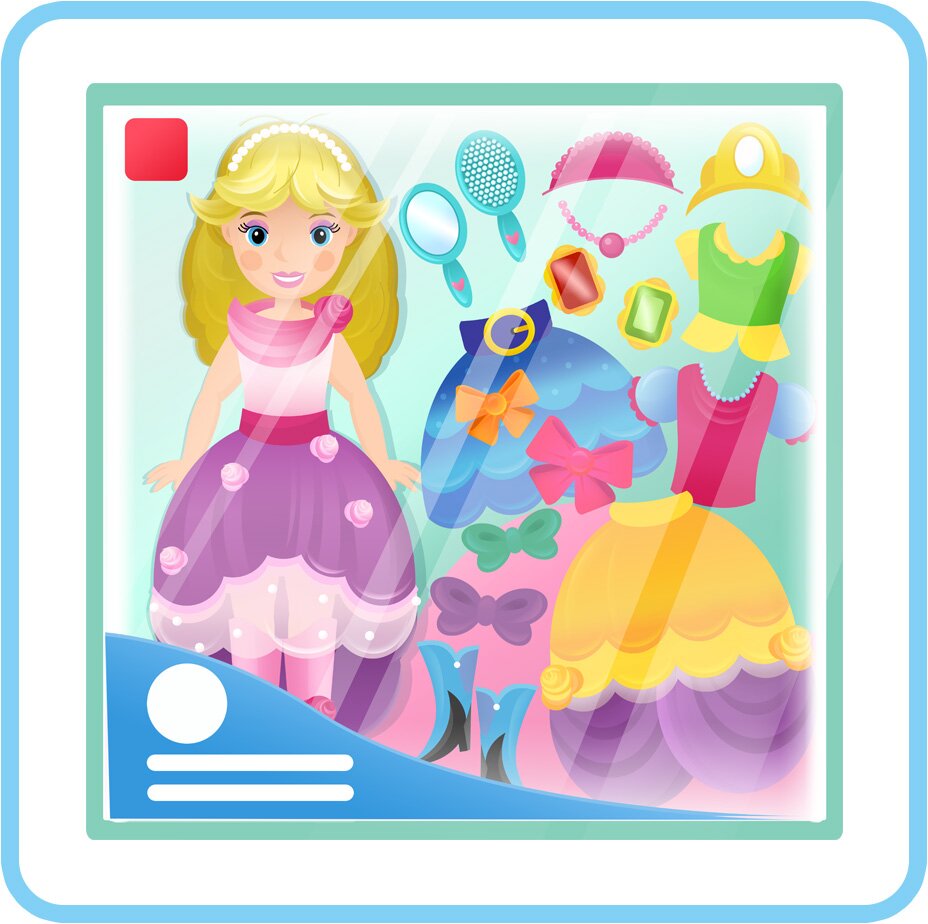 Ilustracja przedstawia pudełko z lalką. W pudełku są również akcesoria jak spódnice, bluzki, biżuteria i szczotka dla lalki.