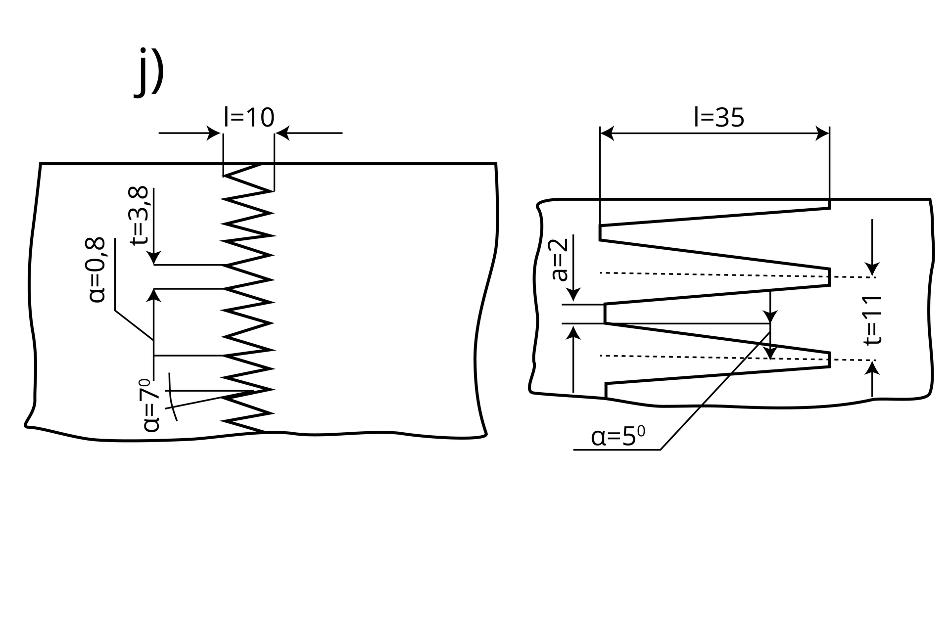 Grafika składa się z dwóch rysunków ukazujących złącze wczepowe klinowe. Powierzchnia łączenia tworzy łamana linię o kształcie zygzaka, przy czym jego wierzchołki maja płaskie zakończenia. Na pierwszym rysunku zaznaczono szerokość łączenia jako el równe dziesięć, odległość między wierzchołkami wcięć jako te równe trzy i osiem dziesiątych, długość odcinków tworzących wierzchołki wcięć jako a równe osiem dziesiątych oraz kąt nachylenia wcięć względem siebie jako alfa równe siedem stopni. Na drugim rysunku wartość el równa jest trzydzieści pięć, te równe jedenaście, a równe dwa i alfa równe pięć stopni.