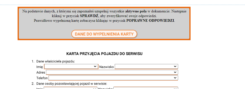 Przykładowy widok karty do wypełnienia