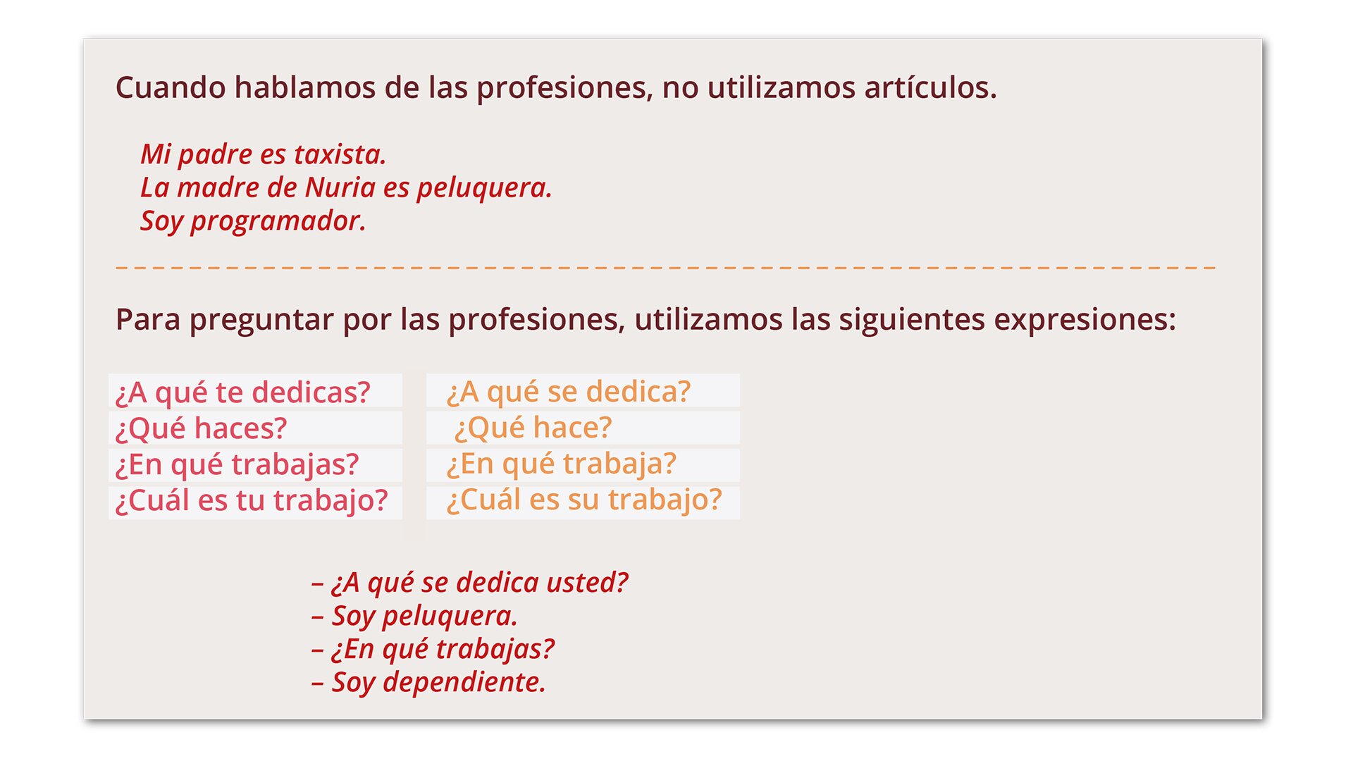 Ilustracja przedstawia następujące informacje: Cuando hablamos de las profesiones, no utilizamos artículos.  Pod spodem przykłady:  Mi padre es taxista.  La madre de Nuria es peluquera.  Soy programador. Poniżej przerywana linia pod którą znajduje się następująca informacja:   Para preguntar por las profesiones, utilizamos las siguientes expresiones:  i poniżej przykłady: ¿A qué te dedicas?/¿A qué se dedica?; ¿Qué haces?/¿Qué hace?; ¿En qué trabajas?/¿En qué trabaja?; ¿Cuál es tu trabajo?/¿Cuál es su trabajo?;  ¿A qué se dedica usted?  Soy peluquera.  ¿En qué trabajas?  Soy dependiente. 