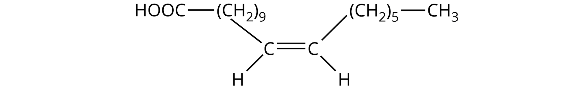 Ilustracja przedstawia wzór półstrukturalny kwasu wakcenowego.  Zbudowany jest z dwóch atomów węgla położonych centralnie i połączonych wiązaniem podwójnym. Każdy atom węgla na dole łączy się z atomem wodoru. Atom węgla po lewej stronie łączy się na górze z grupą HOOC, która łączy się z grupą metylenową 9 razy wziętą. Atom węgla po prawej stronie łączy się z grupą metylenową pięć razy wziętą. Łączy się z ona z grupą metylową.  