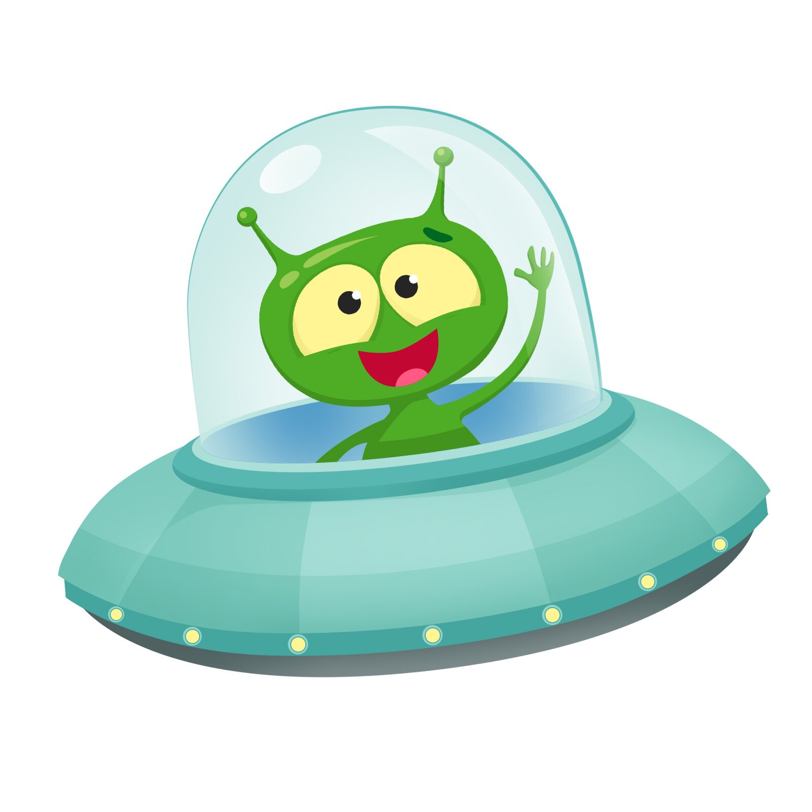 Ilustracja przedstawia wesołego kosmitę lecącego statkiem 