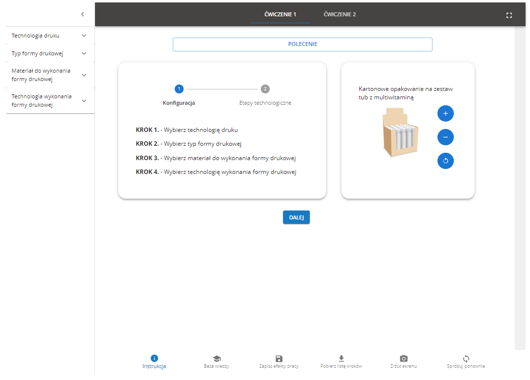 Grafika przedstawia początkowy widok ekranu programu ćwiczeniowego zatytułowanego Offsetowe formy drukowe.