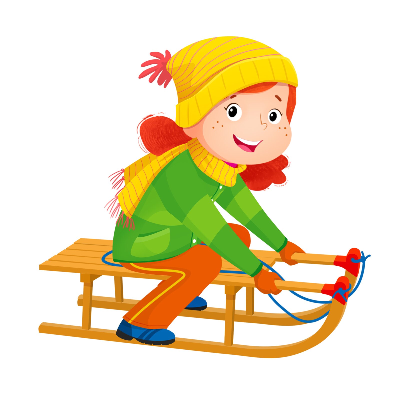 Ilustracja przedstawia Linę w zimowym stroju, jeżdżącą na sankach.