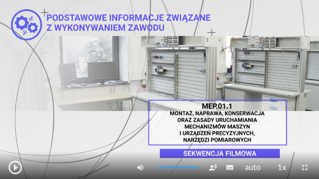 Zdjęcie przedstawia przykładowy wygląd ekranu filmu. Nad zdjęciem, które przedstawia stół montażowy widoczny jest tytuł filmu: "Podstawowe informacje związane z wykonywaniem zawodu", na dole widoczny pasek uruchamiania. Widoczna ikona odtwarzania filmu. Składa się z trójkąta wpisanego w okrąg. Pasek zmiany głośności dźwięku w filmie składa się z ikony megafonu skierowanego w prawo. Po lewej stronie megafonu znajduje się niebieski pasek, który umożliwia zmianę poziomu głośności. Obok ikony auto widać ikonę zmiany prędkości 1 iks ostatnia to ikona włączania trybu pełnoekranowego, składa się z czterech kątów prostych które tworzą kwadrat.