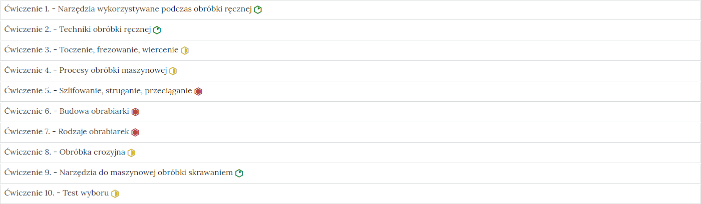 Zdjęcie przedstawia przykładowy wygląd zakładek zawierających interaktywne materiały sprawdzające. Składają się one z prostokątnych paneli umieszczonych jeden pod drugim. Każdy panel posiada numer oraz tytuł, który nawiązuje do zawartego w nim zadania.