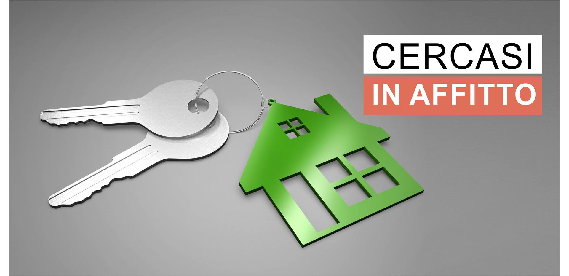 Zdjęcie przedstawia dwa klucze na kółeczku z breloczkiem w kształcie domu. Obok znajduje się napis: "Cercasi in affitto".