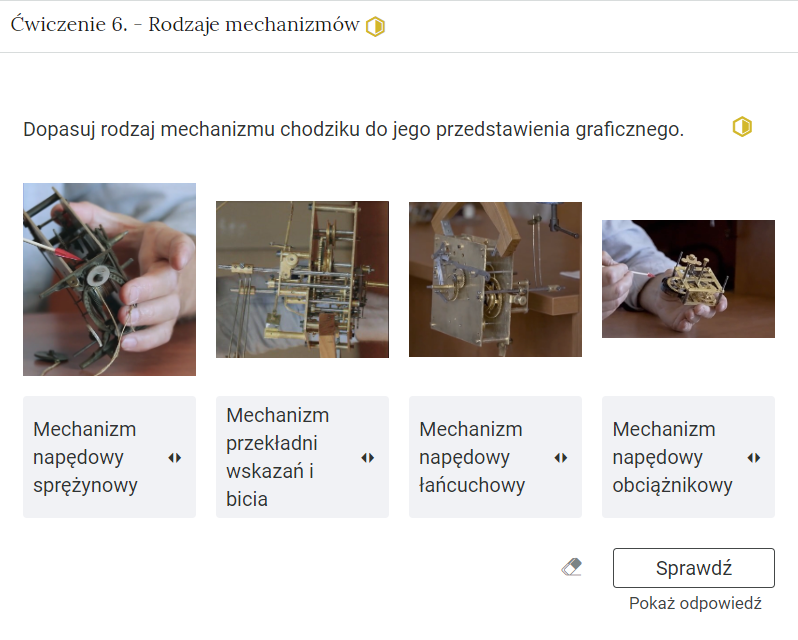 Zdjęcie przedstawia otwartą zakładkę z przykładowym zadaniem. Pod nazwą zakładki znajduje się polecenie. Pod poleceniem widać treść zadania z odpowiedziami do wyboru. Po prawej stronie polecenia widać żółty sześciokąt. Poniżej zadania, po prawej stronie panelu znajduje się ikona sprawdź. Po jej lewej stronie widać symbol gumki. Poniżej przycisku sprawdź znajduje się napis pokaż odpowiedź.