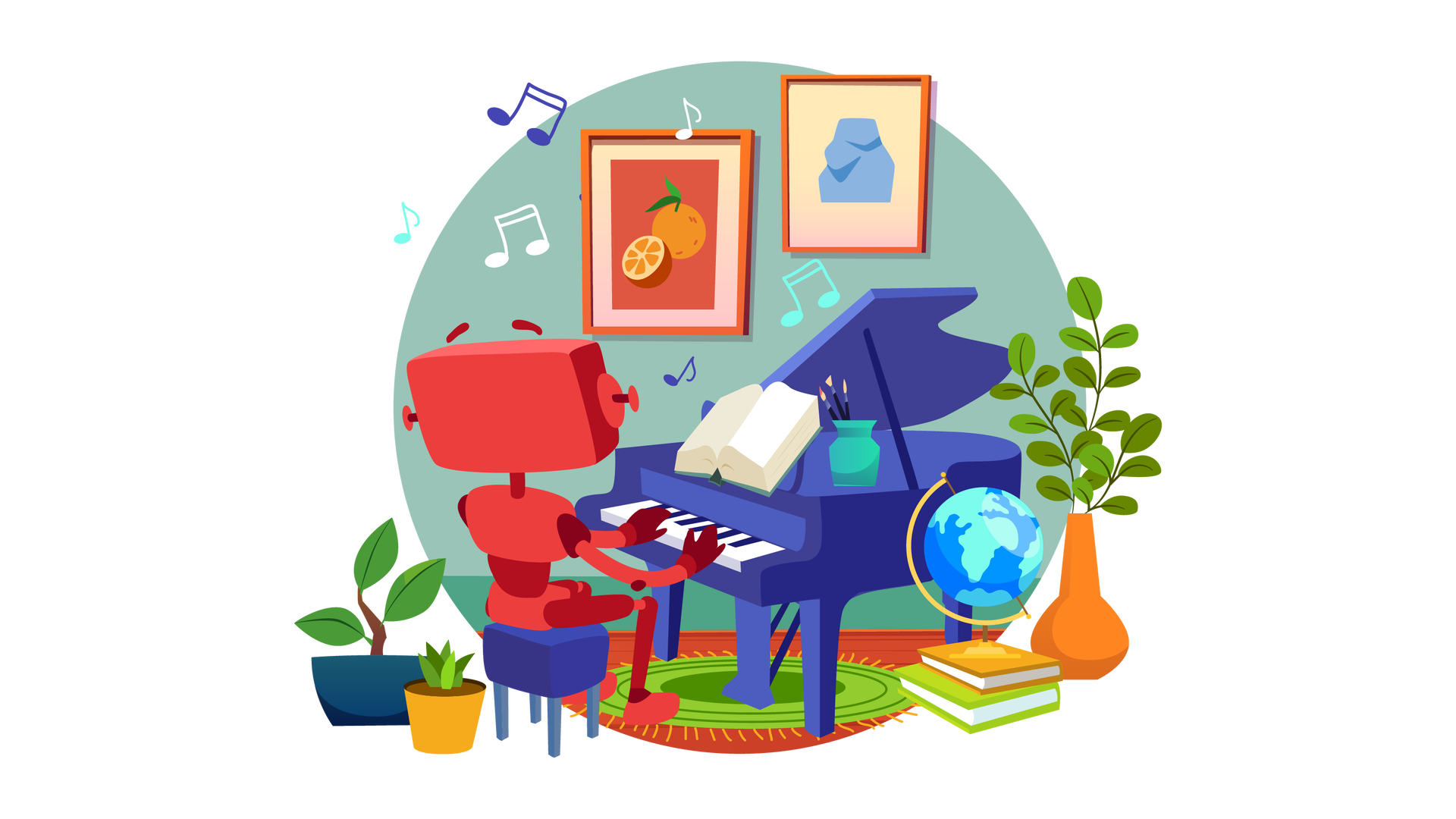 Ilustracja przedstawia pomieszczenie, w tle którego znajduje się zielona ściana z wiszącymi na niej dwoma obrazkami w brązowych ramkach. Jeden z nich przedstawia pomarańczę z zielonym listkiem, o którą oparta jest połówka kolejnej pomarańczy. Drugi obrazek przedstawia bliżej nieokreślony niebieski kształt. Po lewej stronie ilustracji stoją na podłodze dwie zielone rośliny w kolorowych doniczkach – granatowej i żółtej. Po prawej stronie stoi duży pomarańczowy wazon, w którym znajduje się kolejna zielona roślina. Obok niego leżą na podłodze dwie książki ułożone jedna na drugiej, a na nich stoi globus. W centralnej części ilustracji leży okrągły zielony dywan z frędzlami. Na dywanie stoi ciemnoniebieski fortepian, na którym gra Zgrzytek. Jest to czerwony robot o prostokątnej głowie z krótkimi antenkami zamiast uszu, dwiema rękami i dwiema nogami. Zgrzytek siedzi blisko instrumentu na ciemnoniebieskim taborecie i jest widoczny od tyłu. Na fortepianie leży na specjalnej podpórce otwarta książka, a obok niej stoi turkusowy pojemnik z trzema pędzlami. Nad instrumentem unoszą się nutki.