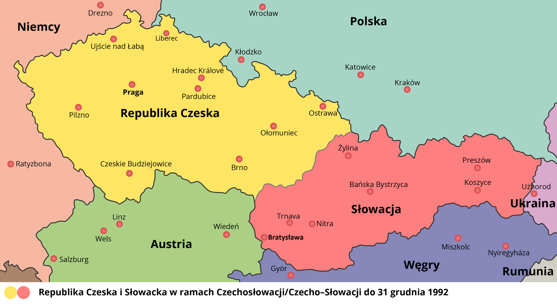 Mapa przedstawia część Europy, na której widnieje Republika Czeska i Słowacka w ramach Czechosłowacji do 31 grudnia 1992. Są na niej zaznaczone najważniejsze miasta obu państw, widoczna jest także część Niemiec, Polski, Austrii i Węgier. 
