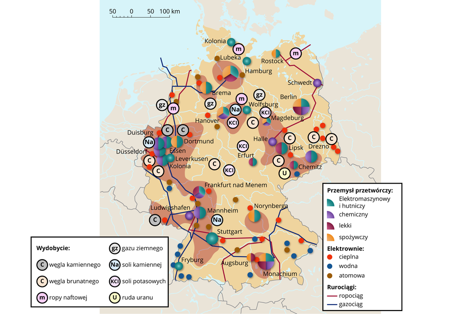 Na mapie Niemiec zaznaczono lokalizację przemysłu przetwórczego, elektrownie, rurociągi oraz wydobycie surowców. Przemysł przetwórczy to przede wszystkim zachodnia część Niemiec, wschodnia część, południowo‑zachodnia, południowa i północna. To przemysł elektromaszynowy i hutniczy, chemiczny, lekki, spożywczy. Lokalizacje elektrowni cieplnych: w pobliżu Drezna, Lipska, Bremy, we Frankfurcie nad Menem, w Stuttgarcie oraz zachodniej części Niemiec. Lokalizacje elektrowni wodnych: przede wszystkim południowa część Niemiec, elektrowni atomowych - północna część Niemiec, zachodnia, południowo‑zachodnia i południowa. Wodociągi i gazociągi poprowadzono dookoła kraju. Wydobycie węgla kamiennego: na zachodzie Niemiec, na wschodzie Niemiec głównie węgla brunatnego. Wydobycie ropy naftowej: północna część Niemiec, gazu ziemnego na północ od  Duisburga, rejon Wolfsburga oraz Bremy. Wydobycie soli kamiennej: zachodnia część Niemiec oraz w pobliżu Stuttgartu i Wolfsburga. Wydobycie soli potasowych to przede wszystkim centralna część Niemiec, między innymi Erfurt. Wydobycie rudy uranu: na wschodzie Niemiec na zachód od  Chemitz. 