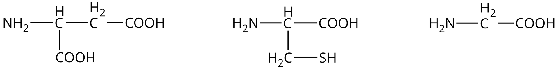 Wzór 1. Grupa                 N       H                 2         , łączy się po prawej stronie z grupą CH. Ta łączy się na dole z grupą COOH, a po prawej stronie z grupą metylenową. Grupa metylenowa łączy się po prawej stronie z grupą COOH., Wzór 2. Grupa                H                 2                     N     łączy się po prawej stronie z grupą CH. Ta w dół łączy się z grupą metylenową, a w prawo z grupą COOH. Grupa metylenowa łączy się po prawej stronie z grupą SH., Wzór 3. Grupa                H                 2                     N     łączy się po prawej stronie z grupą metylenową. Ta z kolei łączy się z prawej strony z grupą COOH. 