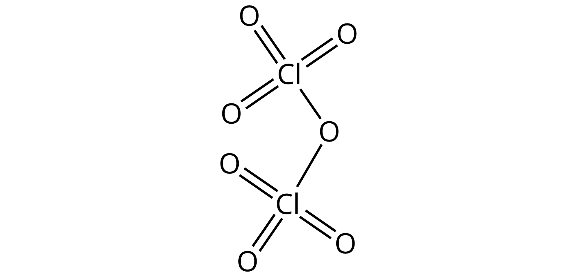 Ilustracja przedstawiająca wzór tlenku chloru(<math aria‑label="siedem">VII) zbudowanego z atomu tlenu O związanego za pomocą wiązań pojedynczych z dwoma atomami chloru Cl, z których każdy łączy się za pomocą wiązań podwójnych z trzema atomami tlenu. Wzór sumaryczny związku Cl2O7.