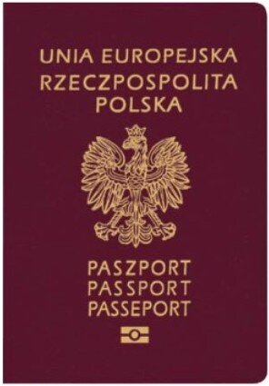 Ilustracja przedstawia polski paszport z ciemnoczerwoną okładką. Składa się ze złotych napisów na górze: Unia Europejska. Rzeczpospolita Polska. Na środku widnieje orzeł z koroną. Pod spodem jest napis: Paszport. Passport.