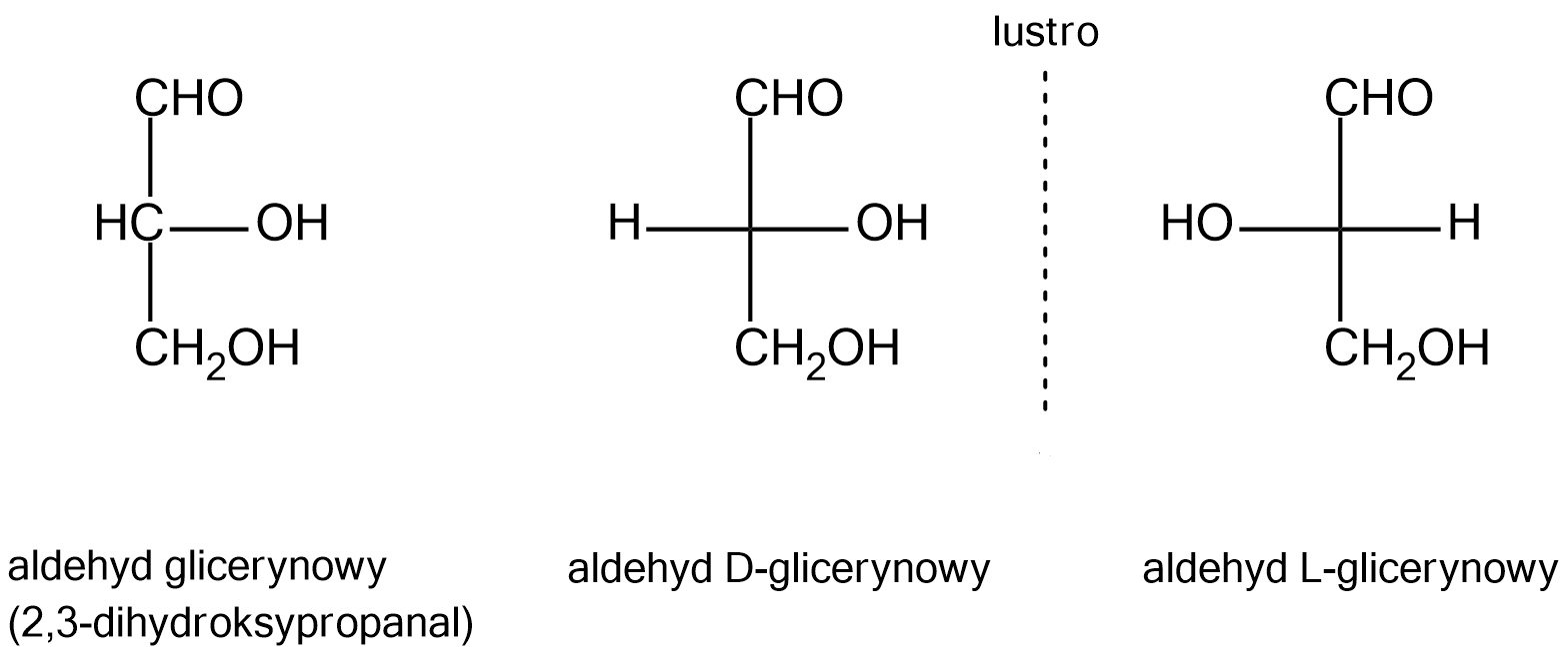 Na ilustracji są trzy wzory. Wzór po lewej stronie ilustracji przedstawia aldehyd glicerynowy (2,3-dihydroksypropanol): grupa HC łączy się na górze z CHO, po prawej stronie z OH, a na dole z C H 2 O H . Następnie na ilustracji jest przerywana linia pionowa. To lustro. Po lewej i prawej stronie lustra są wzory cząsteczek. Po lewej stronie jest wzór aldehydu D-glicerynowego, po prawej stronie aldehydu L-glicerynowego. Wzór aldehydu D-glicerynowego: atom węgla, którego symbol nie jest wpisany, łączy się na górze z CHO, po lewej stronie z H, po prawej z OH, na dole z C H 2 O H . Wzór aldehydu L-glicerynowego: atom węgla, którego symbol nie jest wpisany, łączy się na górze z CHO, po lewej stronie z HO, po prawej z H, na dole z C H 2 O H .