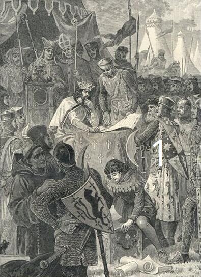 Obraz prezentuje podpisanie Wielkiej Karty Swobód przez króla Jana bez Ziemi. Król otoczony jest możnowładcami i rycerstwem, za jego plecami stoją biskupi i arcybiskupi. 