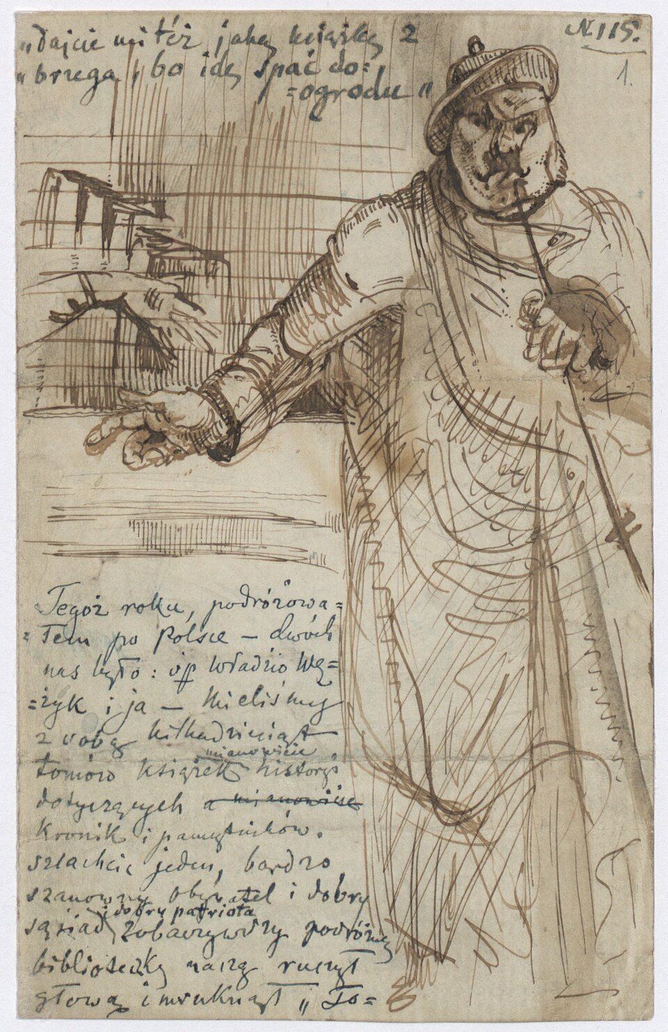 Zdjęcie przedstawia szkic. To kartka papieru z rysunkiem tęgiego mężczyzny i odręcznymi zapiskami Norwida.