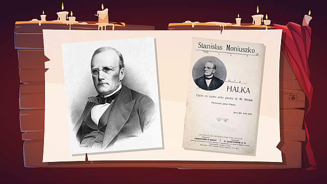 Slajd poświęcony jest operze Halka. Wyświetlony zostaje portret Stanisława Moniuszki i afisz promujący operę Halka.