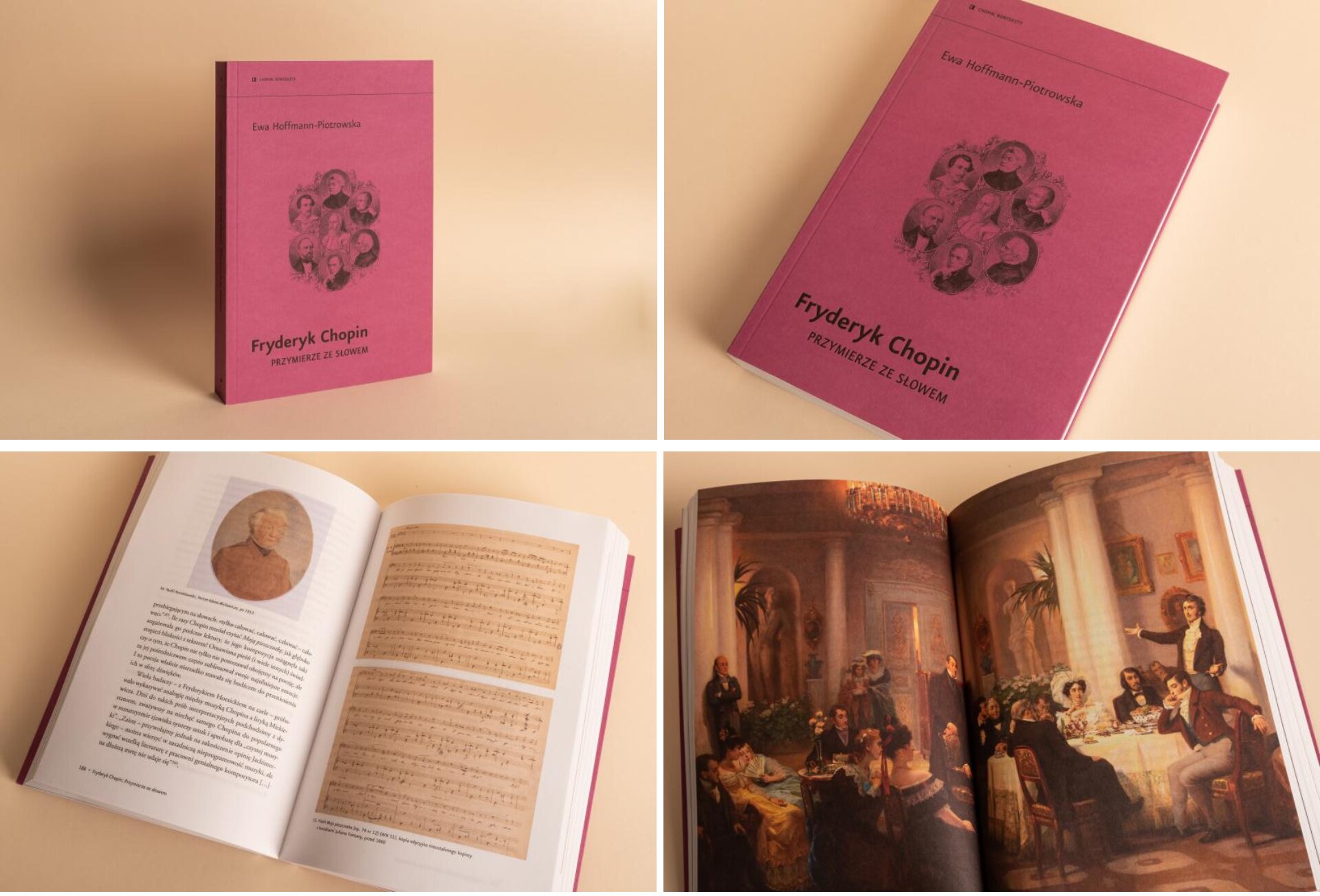 Cztery fotografie przedstawiające cztery różne ujęcia książki, która ma okładkę w kolorze ciemnego różu, z ciemnymi rycinami męskich portretów. Kolejna fotografia ukazuje przykładową zawartość książki, zapis nutowy utworu oraz męski portret. Ostatnia fotografia to reprodukcja obrazu zamieszczona w omawianej książce, ukazuje ona towarzystwo  w strojach z epoki zebrane w eleganckim salonie. Większość przedstawionych postaci siedzi, słucha przemowy stojącego mężczyzny. Towarzystwo składa się z mężczyzn i kobiet.