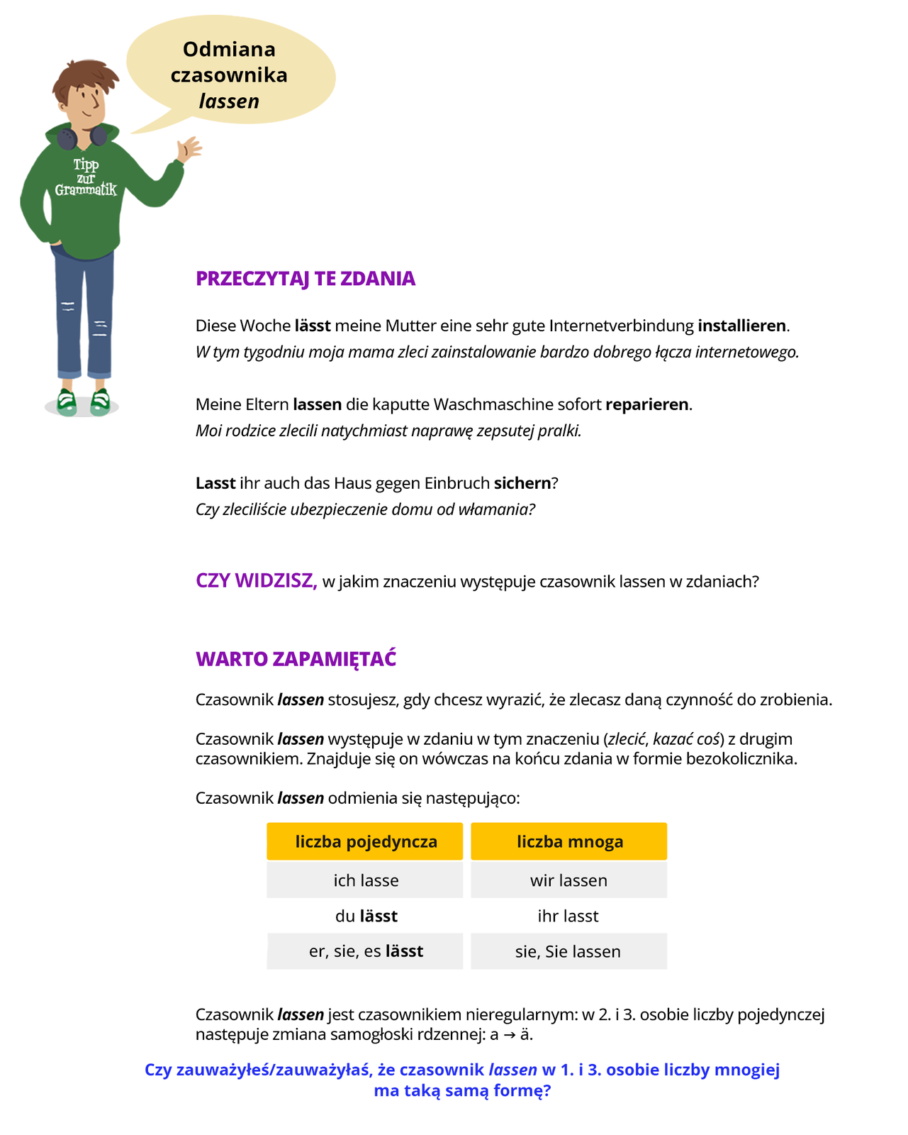 Ilustracja zawiera poradę językową.
Na obrazku wprowadzającym widoczny jest młody chłopak w spodniach z dziurami i zielonej bluzie z napisem  Tipp zur Grammatik  Obok widoczny jest dymek zawierający napis:Odmiana czasownik   lassen 
Pozostałą część ilustracji stanowi tekst, którego treść wyświetla się w trybie dostępności.
  