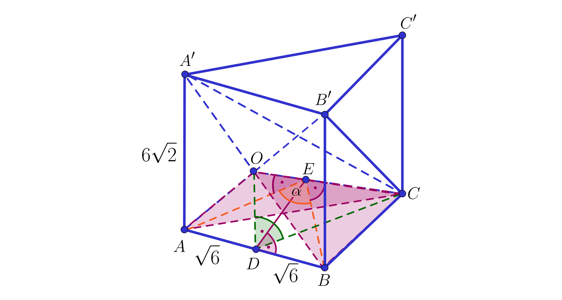 lustracja przedstawia graniastosłup prawidłowy trójkątny A B C A prim B prim C prim. Bryłę przecięto dwoma płaszczyznami, płaszczyzną A C B prim oraz płaszczyzną  B C A prim. Przekątne ściany A B B prim A prim przecinają się w środku figury w punkcie O. Punkt ten połączono z wierzchołkiem C, z którego upuszczono wysokość podstawy C D. Powstał trójkąt prostokątny O D C. Odcinek O C jest odcinkiem znajdującym się w obu przekrojach. Z wierzchołka A poprowadzono wysokość A E trójkąta A O C. Z wierzchołka B poprowadzono wysokość B E trójkąta B O C. Powstał trójkąt równoramienny A E B w którym kąt pomiędzy odcinkami A E i B E został oznaczony jako alfa. Krawędzie A B oraz A A prim mają  długość dwa pierwiastki z sześciu 