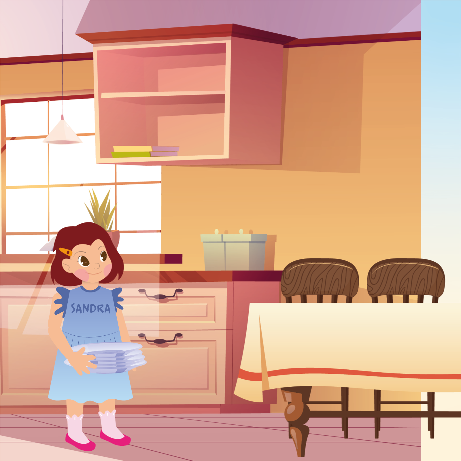 Ilustracja przedstawia małą dziewczynkę w niebieskiej sukience, która niesie przez kuchnie talerze na stół. 
