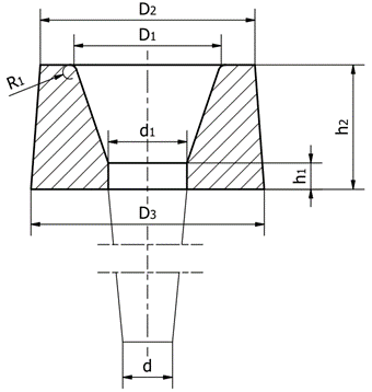Na ilustracji przedstawiony jest zbiornik wlewowy stożkowy nadstawny (ZWsn). Zbiornik ma kształt trapezu równoramiennego z dłuższą podstawą skierowaną do góry. Przy dolnej podstawie znajduje się dodatkowy prostokąt, długości tej właśnie podstawy. Zbiornik zabudowany jest elementem, który ma kształt dużego trapezu równoramiennego. Wewnątrz jest zakreskowany. Na ilustracji zaznaczone są wymiary literowe, takie jak średnice zbiornika w różnych punktach oraz ich wysokości. 